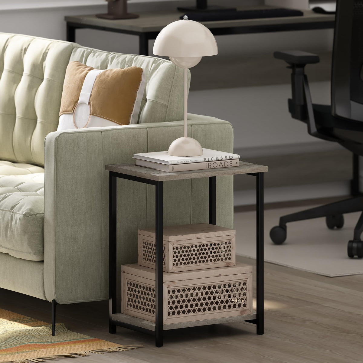 Furinno SIMPLISTIC Side Table, 2-Tier Metal Frame End Table with Open Shelf, Night Stand, Bedside Table, for Living Room, Bedroom, French Oak