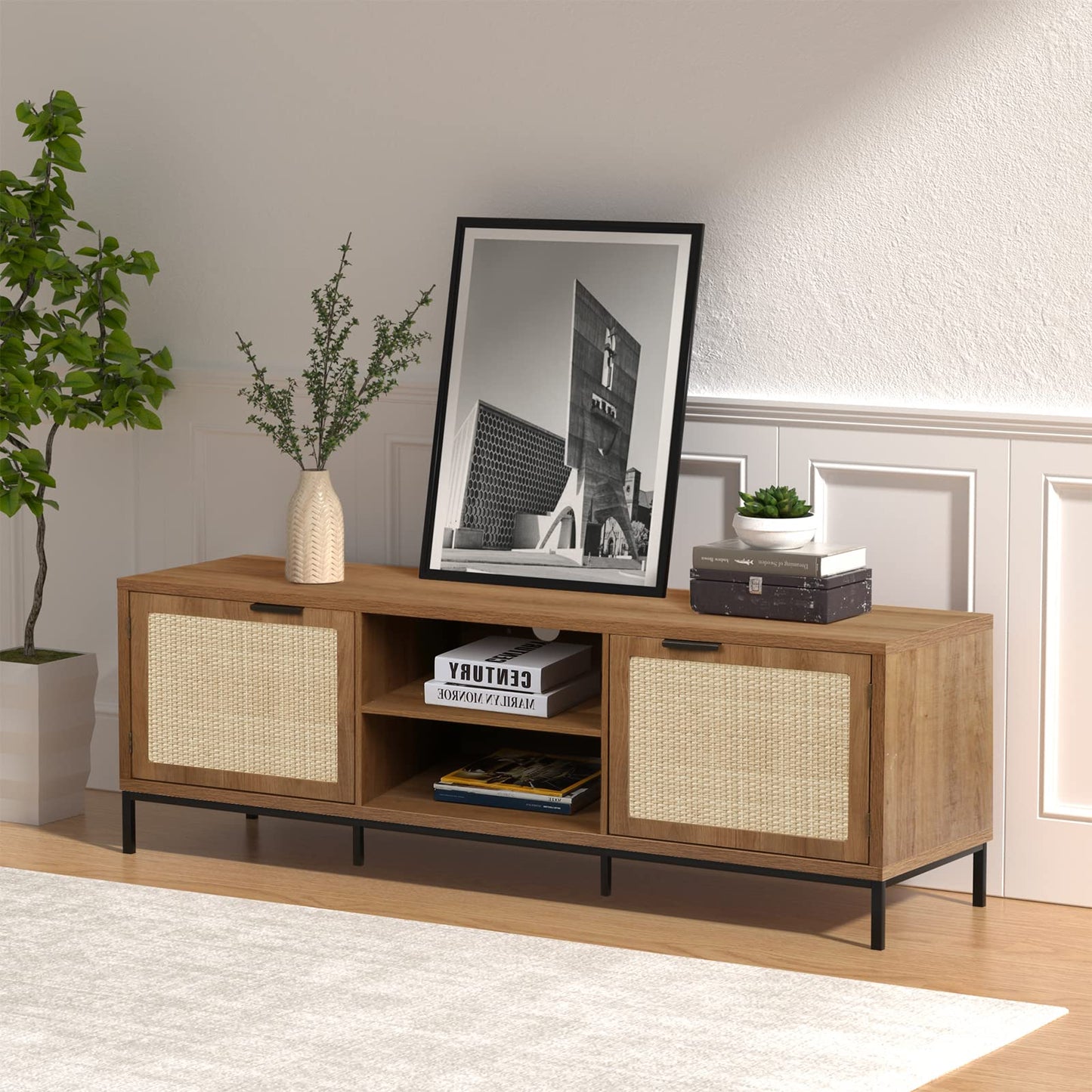 Yvsevnr TV Stand Cabinet TVs up to 65 Inches Wooden TV Console Unit with 2 Rattan Doors & Adjustable Shelves, Length 150 cm, Rustic