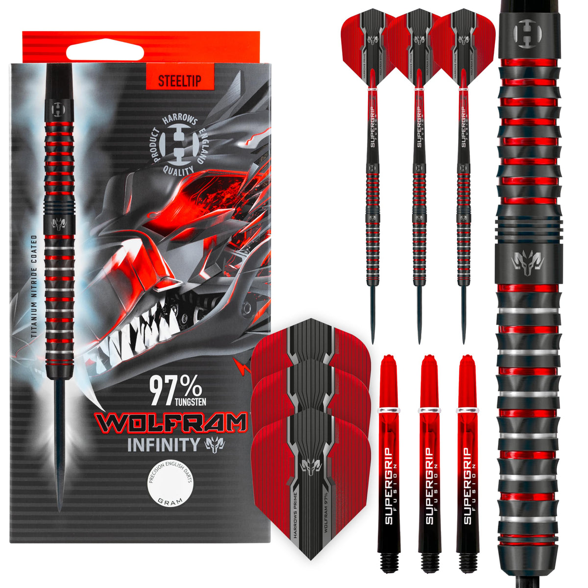 Harrows Wolfram Infinity Steel Tip Tungsten Darts Set 21g, 22g, 23g & 24g - Includes Supergrip Fusion Shafts & Prime Wolfram Infinity Flights (22g)
