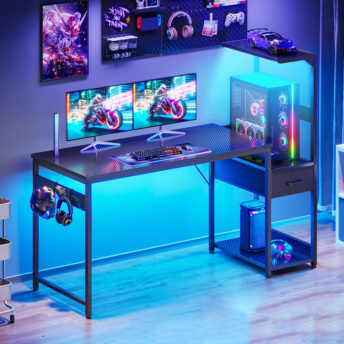 Coleshome 138×48 cm Gaming Desk with LED Lights, Carbon Fiber Black