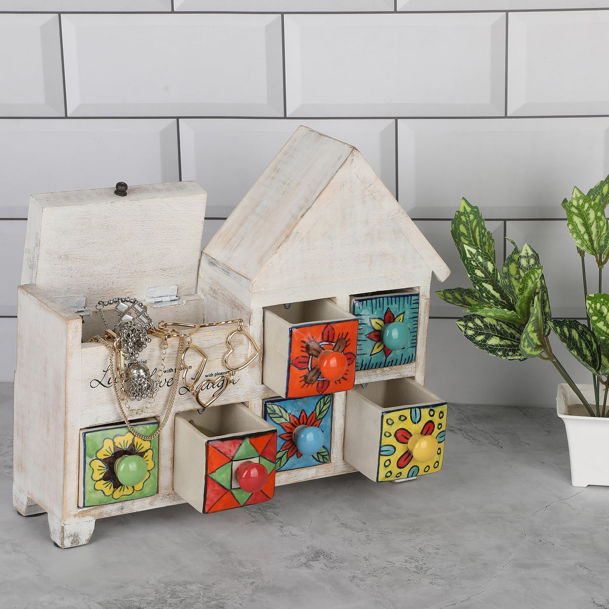 ETHNICITI Home design Handpainted Multicoloured 6 Ceramic Drawers Chest Wood Jewellery, Spices, Trinkets, Teas, Dried Herbs, Medicines, Haberdashery
