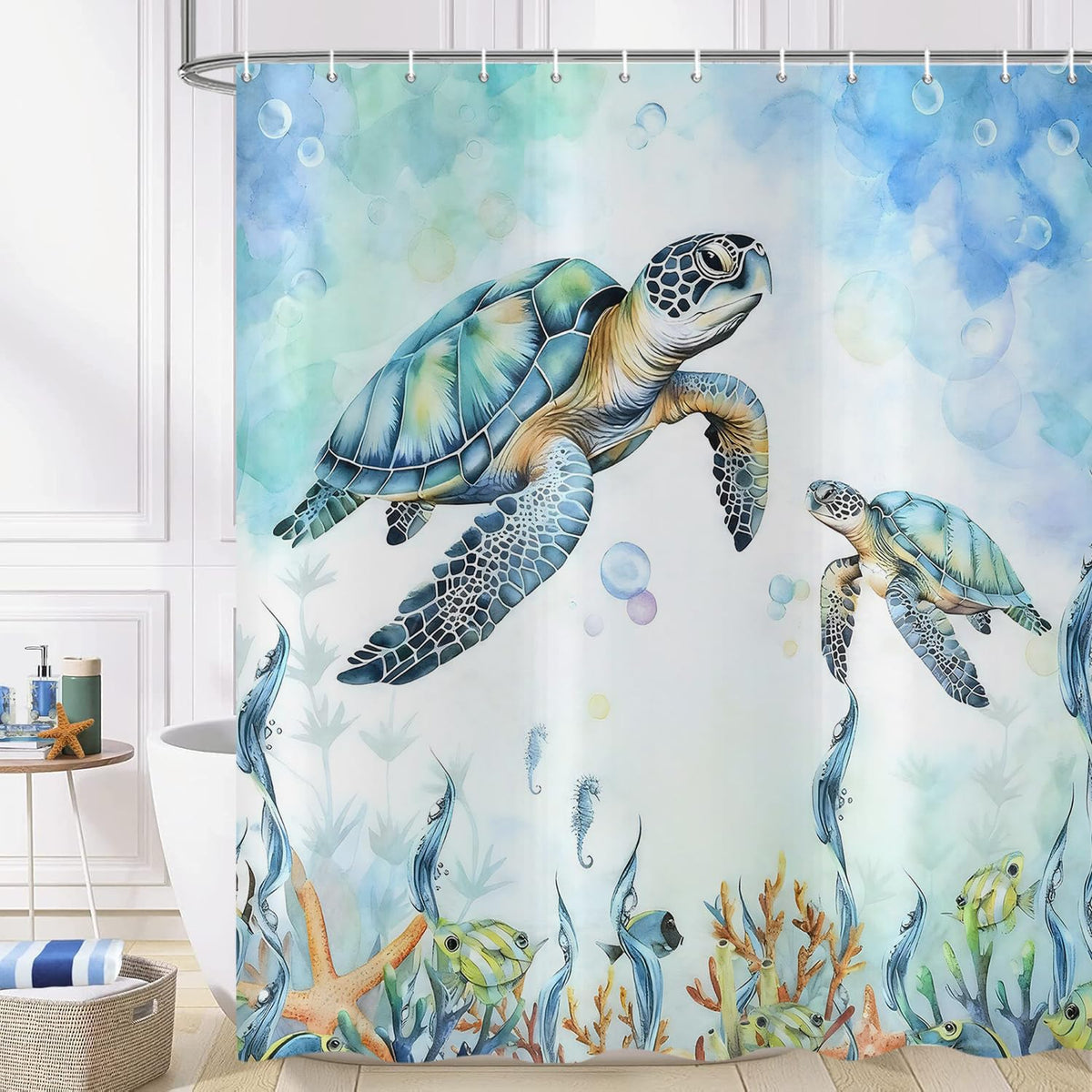 Hnmdmyi Sea Turtle Shower Curtain 180x200, Teal Ocean Underwater Tropical Fishes Starfish Seahorse Coral Bathroom Curtains Waterproof Polyester