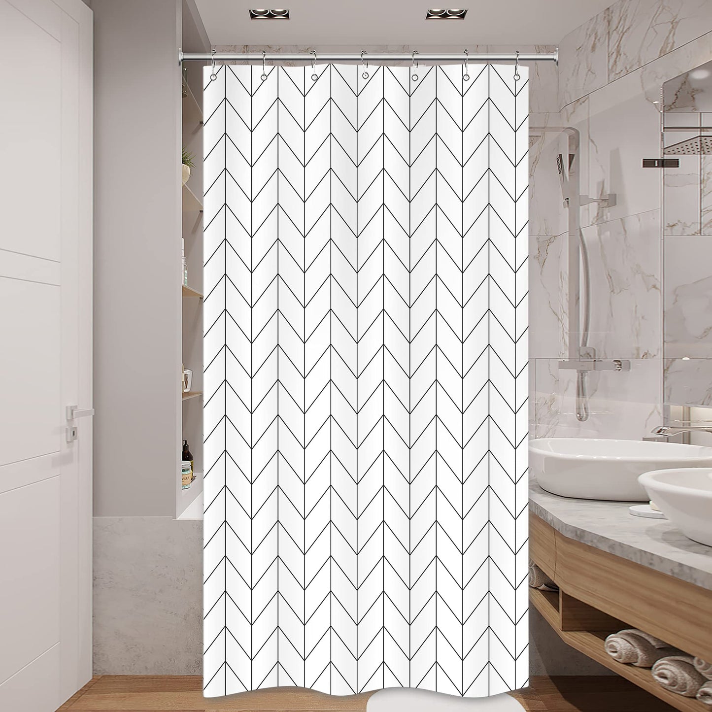Riyidecor Small Stall 36Wx72H Inch Shower Curtain,Narrow RV Walkin Black White Herringbone Modern Bathroom Curtains,Half Stand Up Zig Zag Chevron