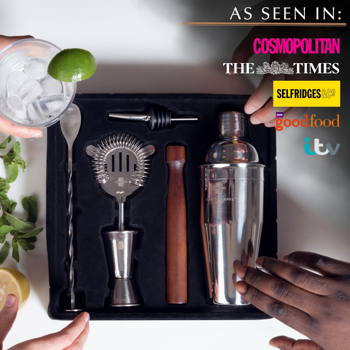 Rusty Barrel Manhattan *Limited Edition* Cocktail Making Set - Manhattan Style Stainless Steel Shaker, Muddler, Strainer, Bar Measure, Pourer, Spoon &