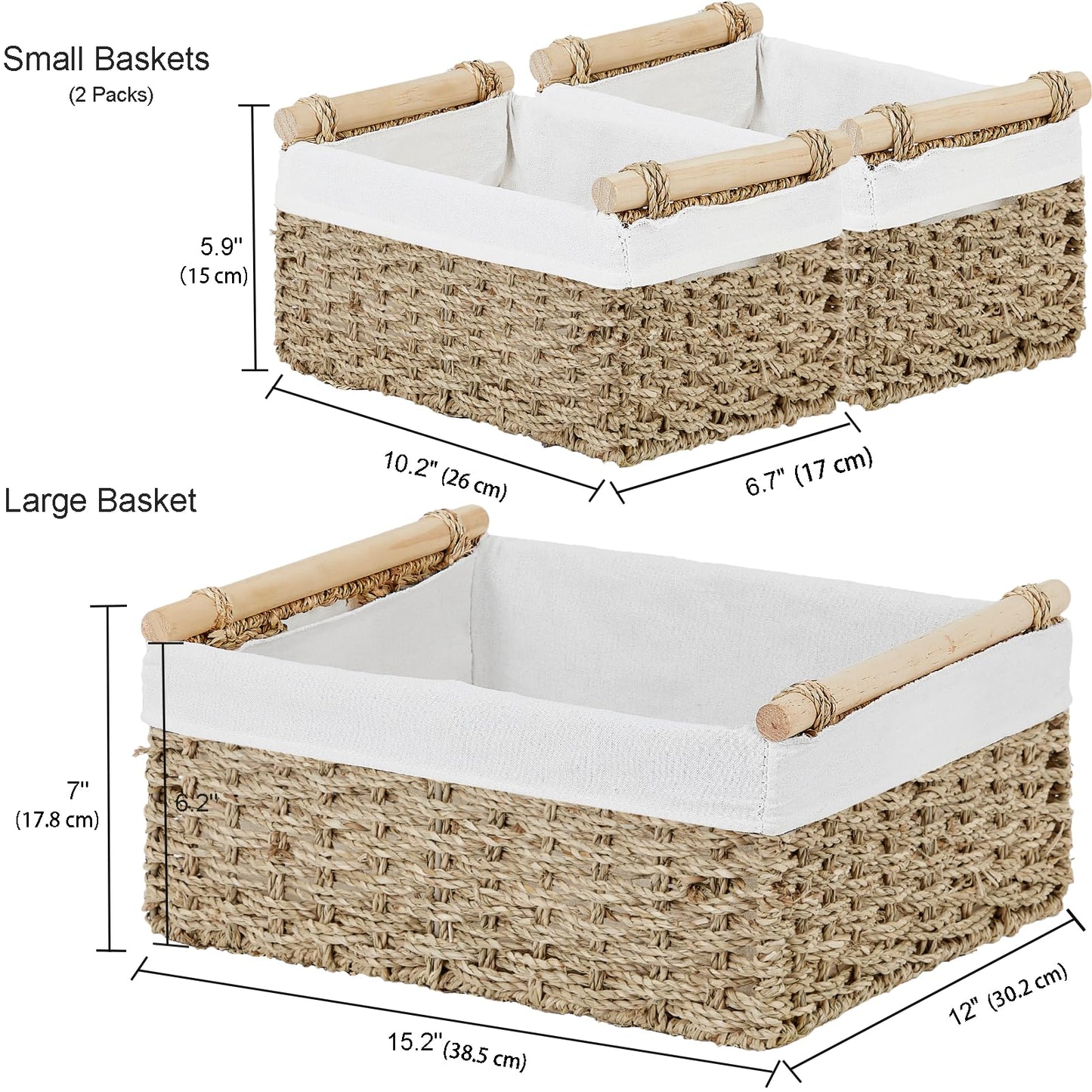 Vagusicc Large Seagrass Storage Basket with Handles, 38 x 30 x 17.5 cm, Set of 3 Hand-woven Wicker Organiser Bins with Cloth Lining