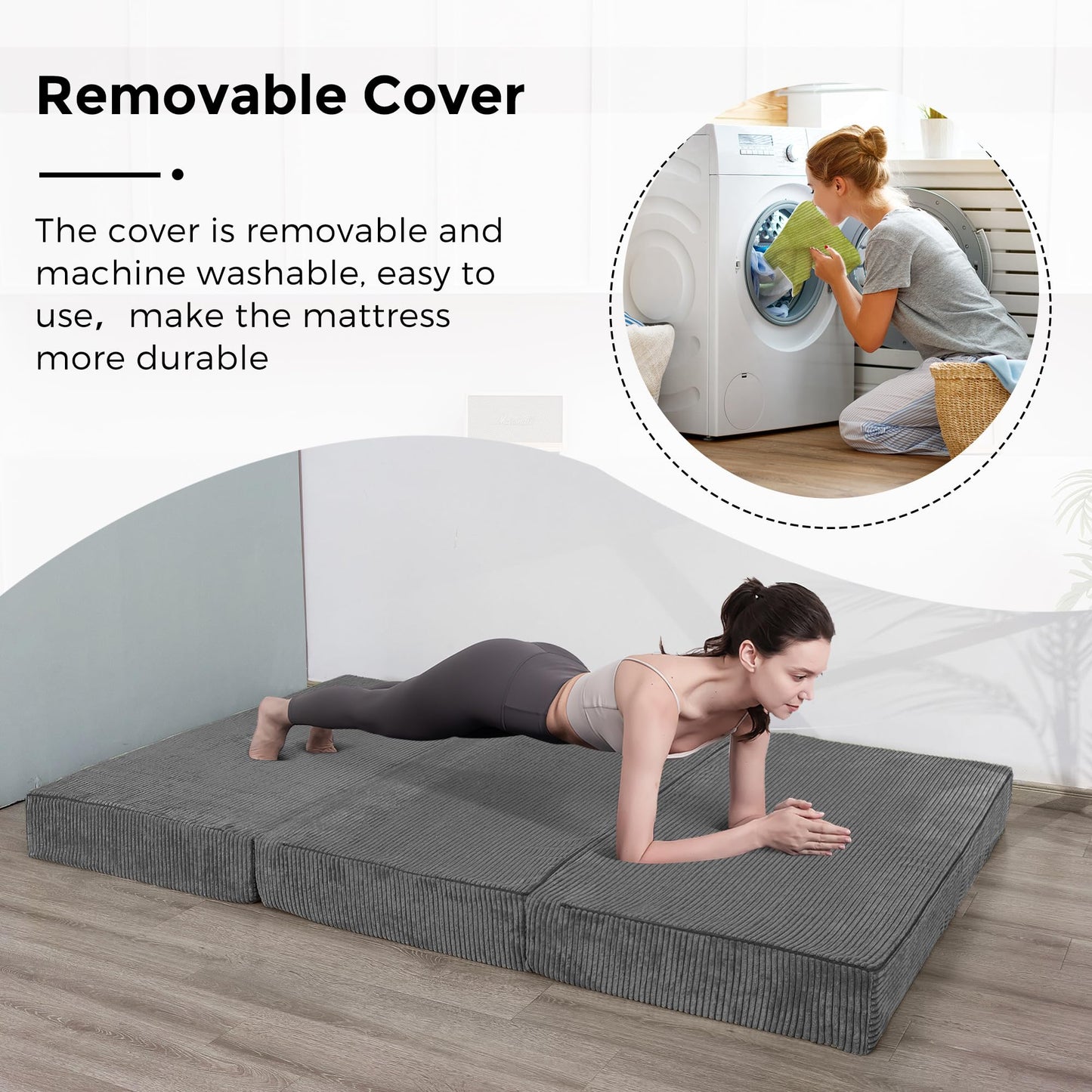 MAXYOYO Folding Corduroy Mattress, Tri Fold Floor Mattress 15cm thick with Washable Cover,Foldable in Three,Space-Saving for Guest (Charcoal, Double)