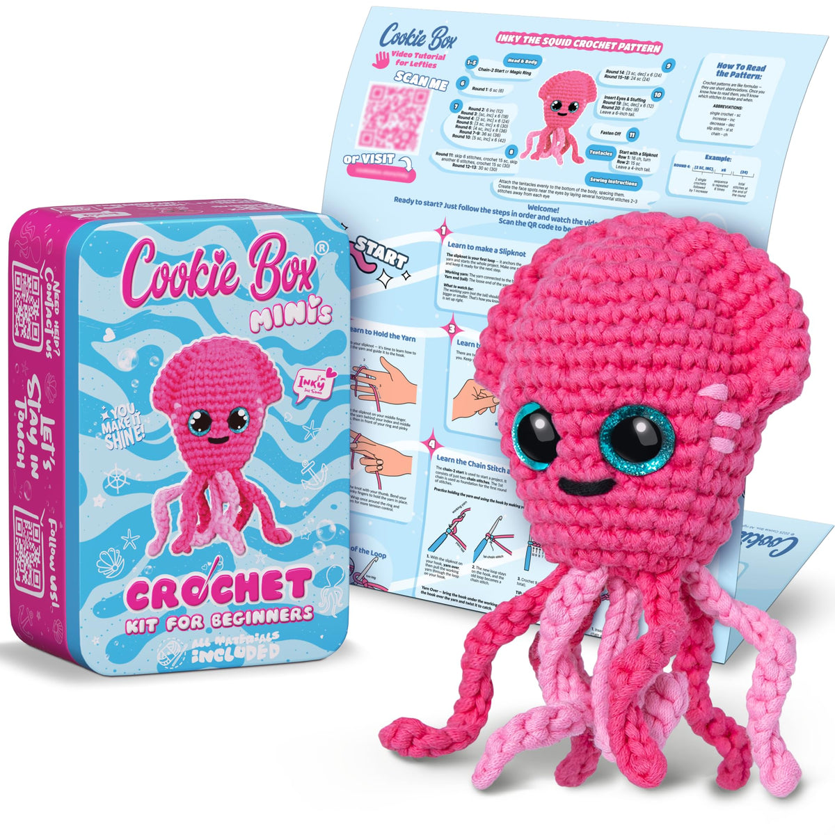 Cookie Box MINIs Crochet Kit for Beginners ? Gift Set to Make Squid Inky Amigurumi Plushie ? Easy DIY Crochet & Knitting Starter Kit with Printed