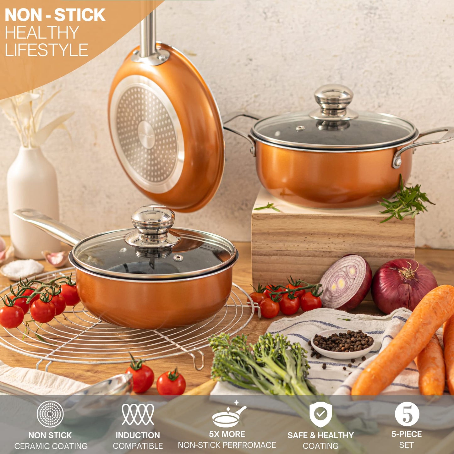 Non-Stick Cooking Pans and Pots Set - 5 pcs Oven Safe Copper Cookware - Induction Hob Saucepan Pots with Lids - Kitchenware Frying Pan - by Nuovva