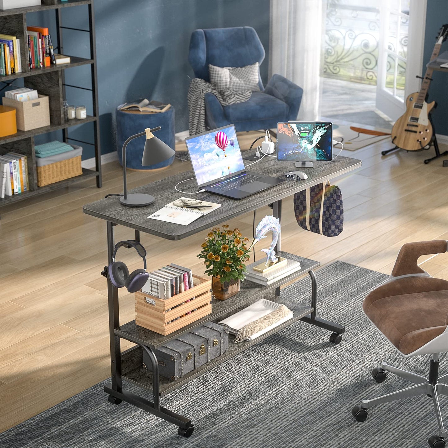 iSunirm Rolling Desk Adjustable Height Standing Desk with Power Outlets & USB Ports, Portable Desk on Wheels, Small Table for Home Office