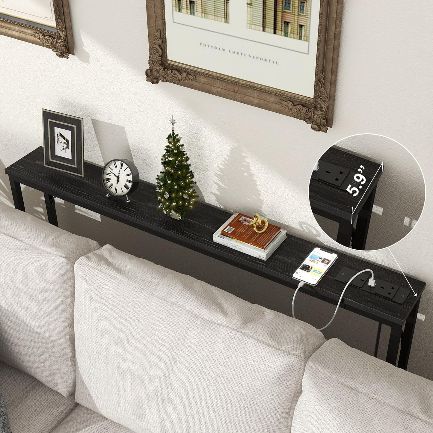 VEDECASA 5.9" Skinny Console Table with Charging Station Narrow Long Behind Couch Table with Power Outlets USB Ports Slim Sofa Table for Entryway