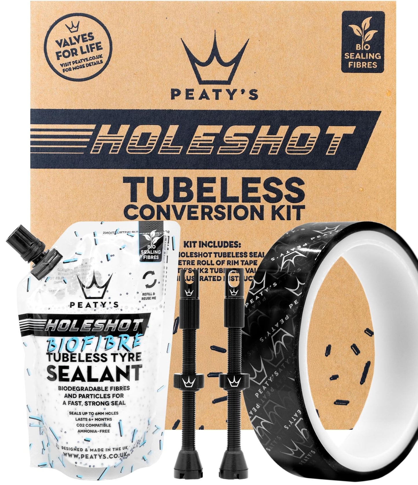Peaty's Tubeless Wheel Conversion Kit - Road & Gravel - 21mm Tape / 60mm Valves / 1x 120ml Holeshot Biofibre Sealant Pouch,Black