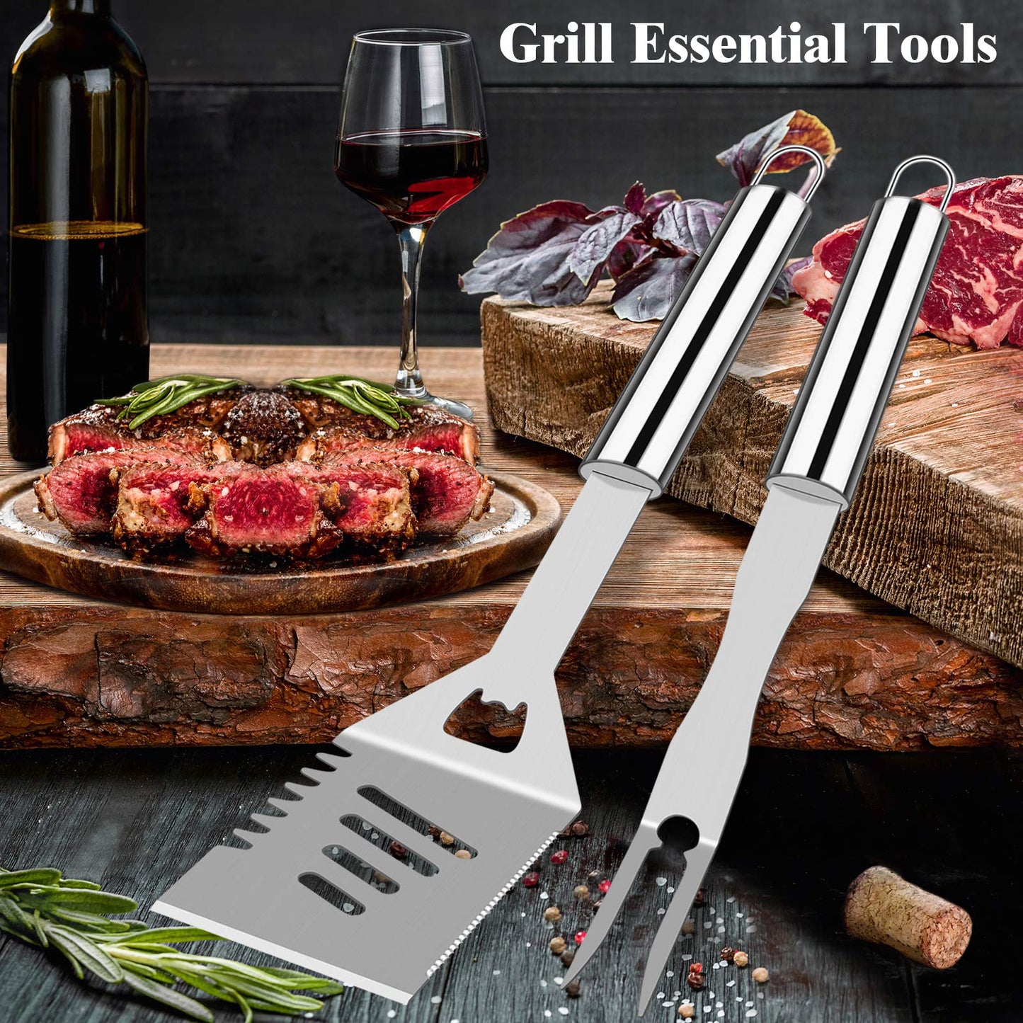 ROMANTICIST 26pcs Extra Thick Stainless Steel Grill Tool Set for Men, Heavy Duty Grilling Accessory Kit for Backyard, BBQ Utensils Gift Set with Meat