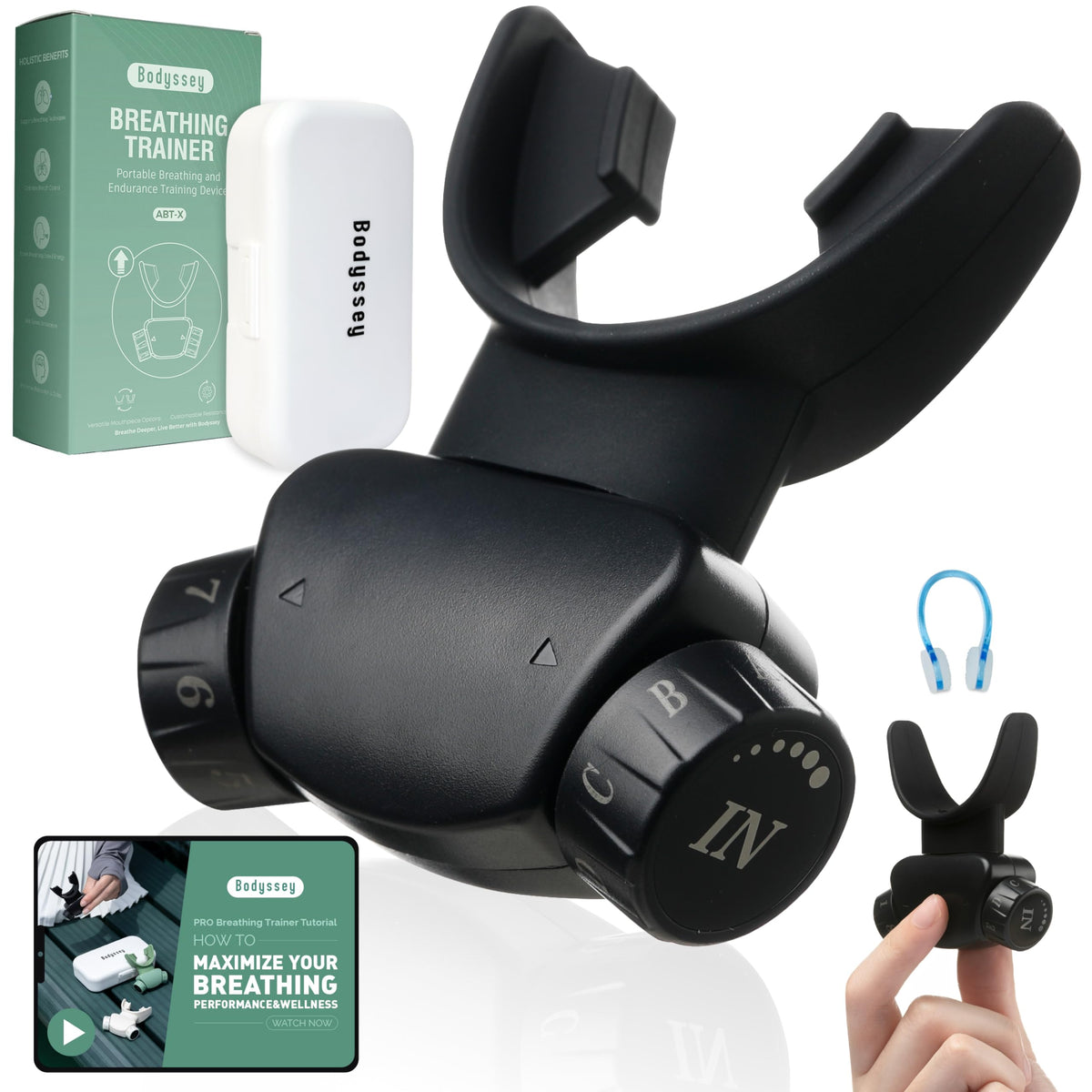 Bodyssey Adjustable Respiratory Trainer, Handheld Breathing Exercise Device with Dual Mouthpieces, Independent Resistance Settings for Enhanced