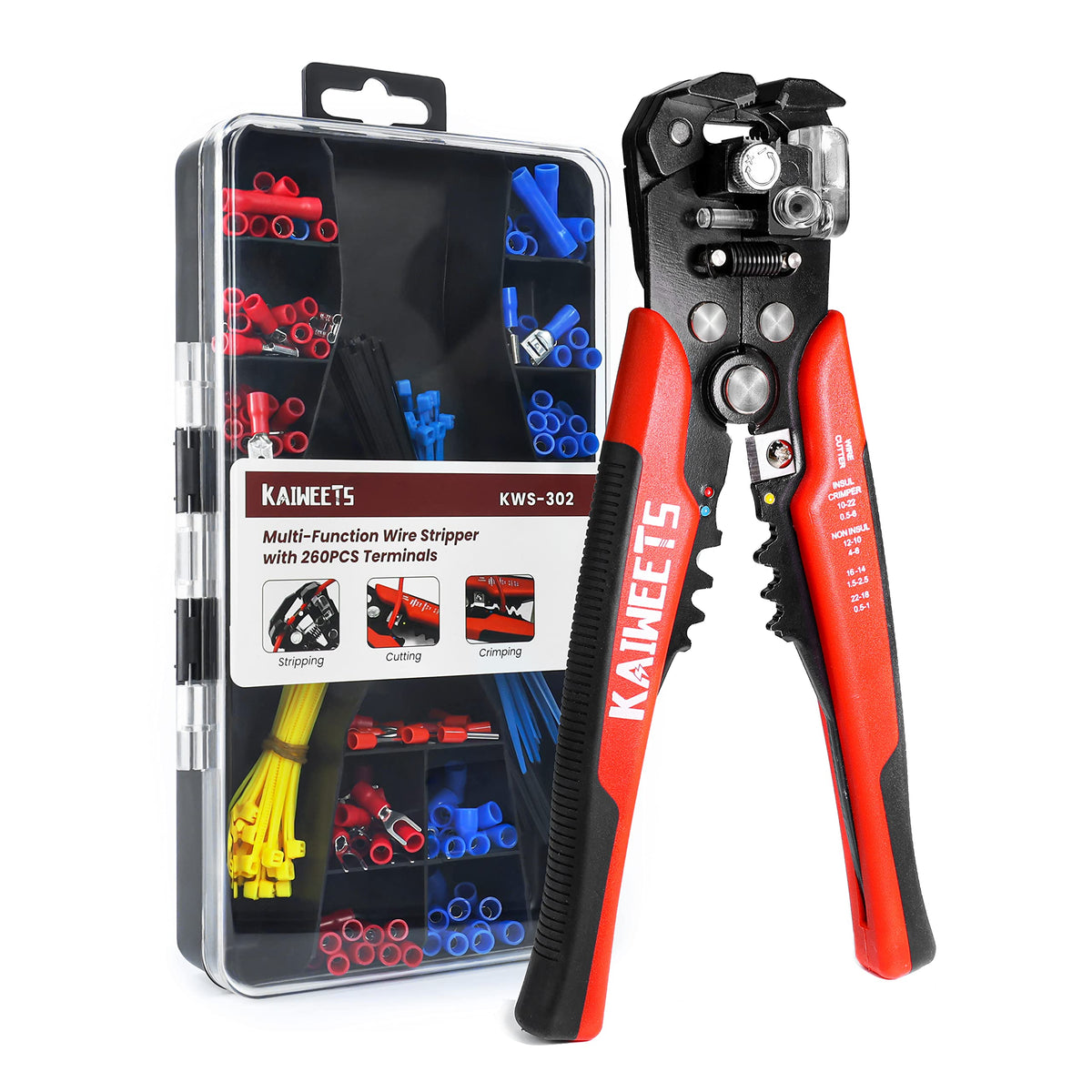 KAIWEETS Wire Stripper Crimper Set, 3-in-1 Stripper Cutter Crimper AWG10-24 Compound Automatic Wire Stripper with 261PCS Terminals, for Cutting