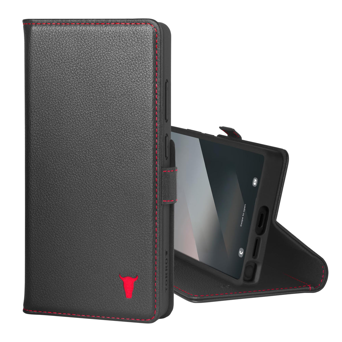TORRO Leather Case Compatible with Samsung Galaxy S25 Ultra 5G 2025 ? Premium Leather Wallet Case with Kickstand and Card Slots (Black with Red