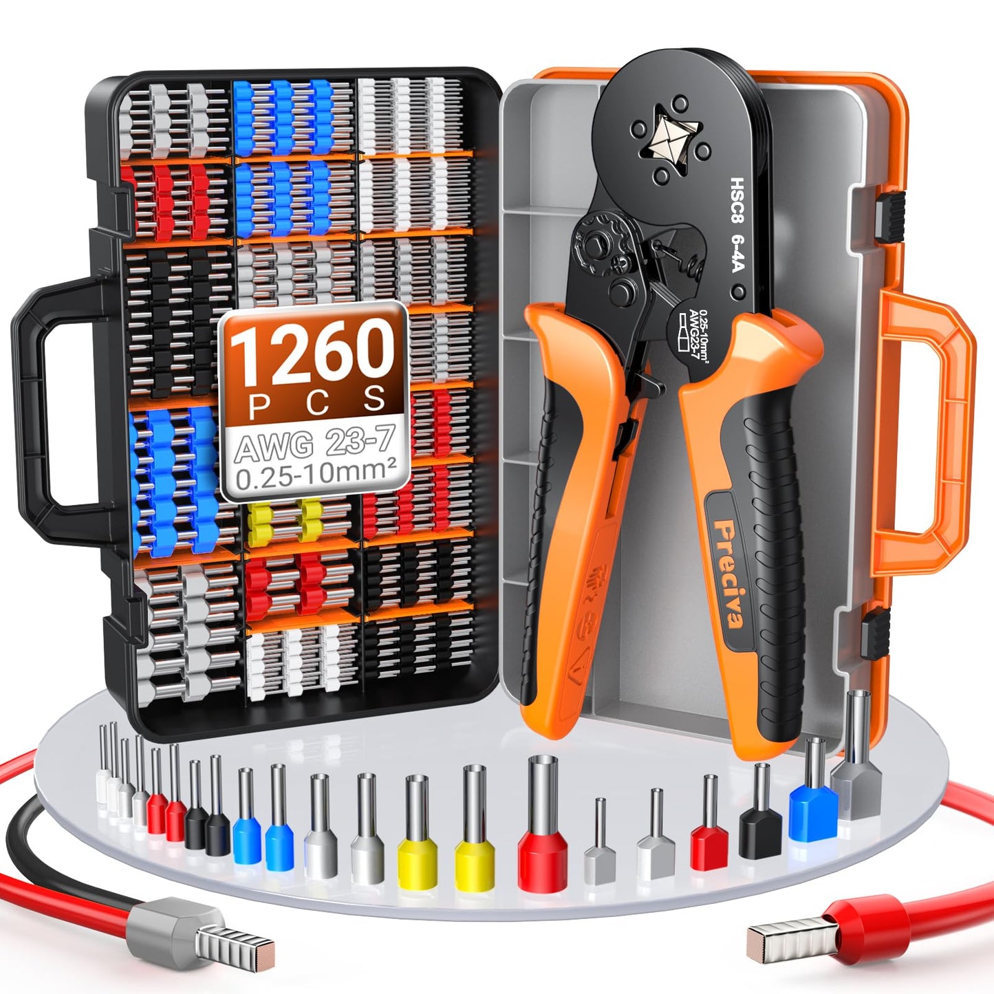 Crimping Tool with 1260pcs Crimp Connectors (260 Dual & 1000 Single Tube) for 0.25-10mm? Ferrules, Preciva Self-Adjusting Ratchet Crimper, Ergonomic
