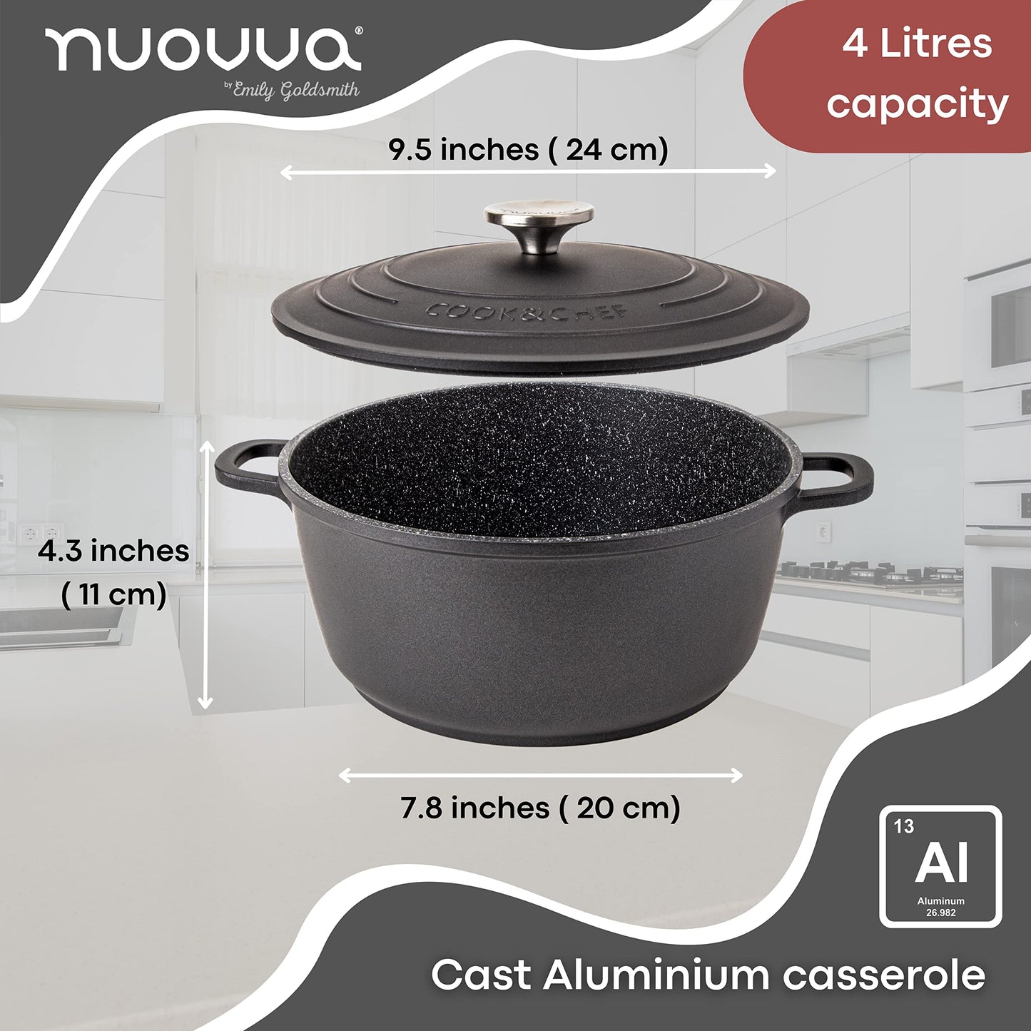 Non-Stick Aluminium Pot with Lid  Sturdy Deep Dutch Oven  Casserole Pot with Ergonomic Handles  4L, 24cm Oven Safe Cooking Pot  by Nuovva
