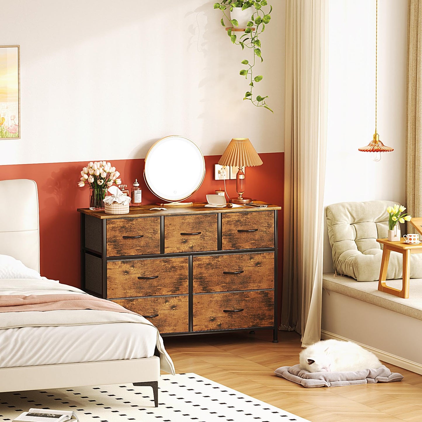 CAIYUN Chest of Drawers for Bedroom with 7 Drawers, Fabric Storage Drawer, Tall Brown Hallway Storage Unit