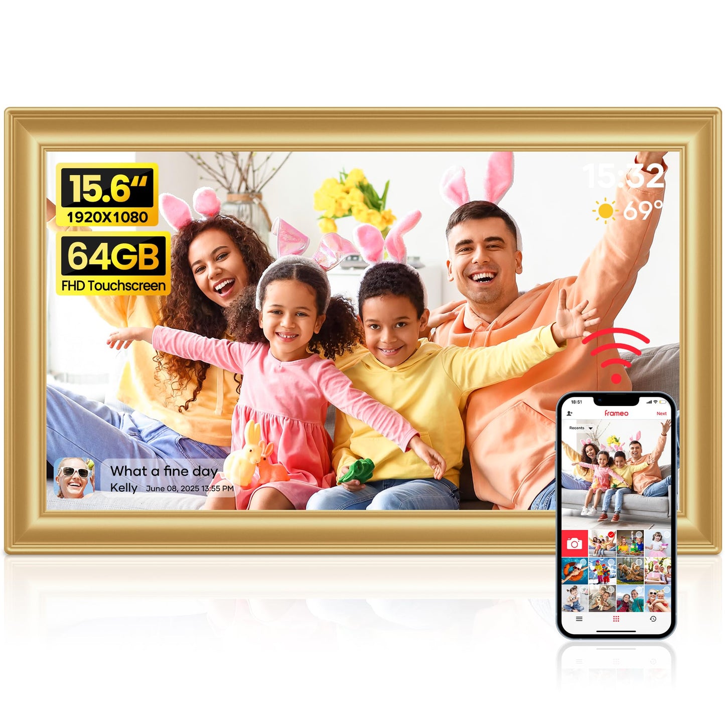 64GB Frameo WiFi Digital Photo Frame 15.6 Inch Golden - 1920 * 1080P FHD IPS Touch Screen Picture Frame Electronic, 64GB Memory, Auto Rotate, Wall