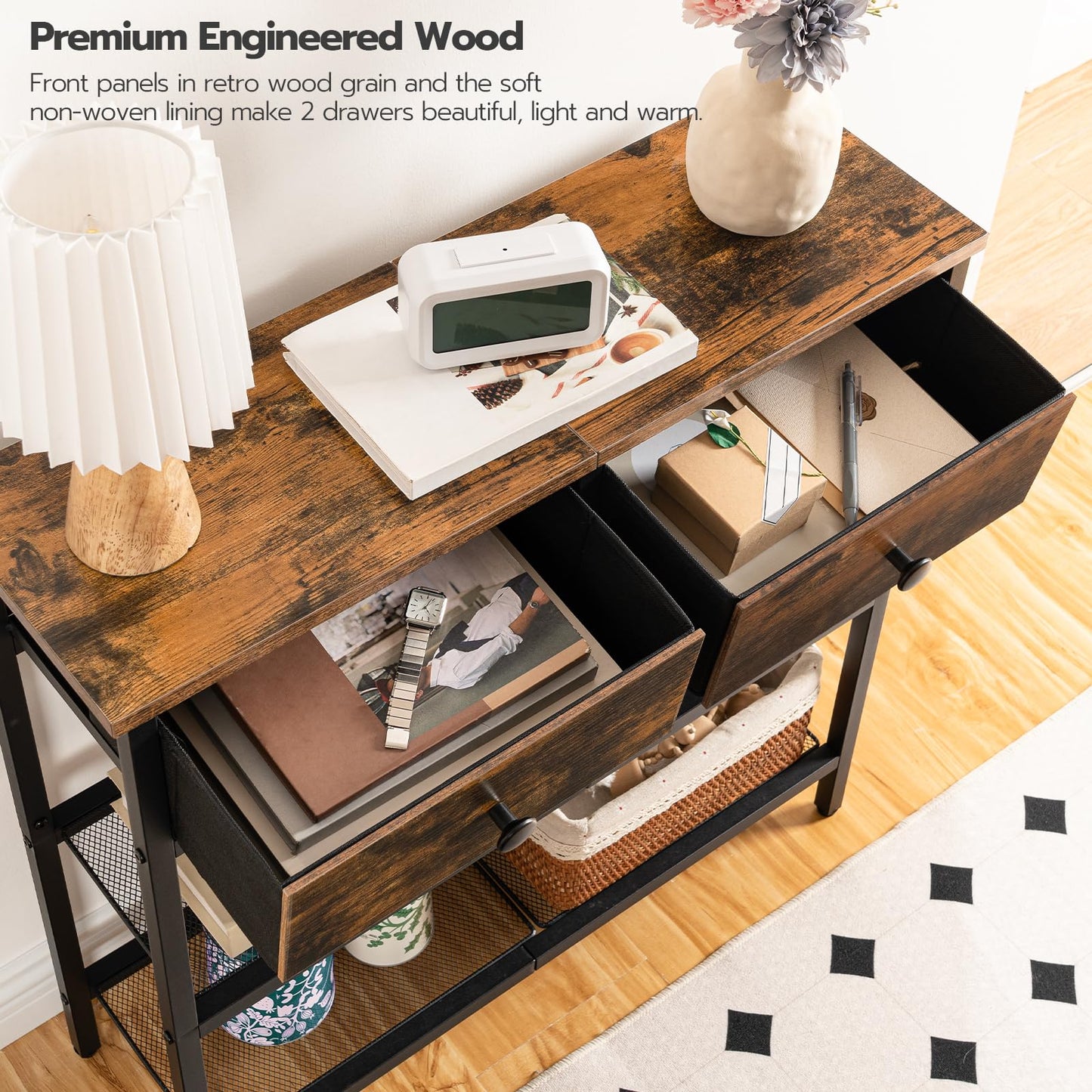 HOOBRO Console Table, Slim Console Table with 2 Non-woven Drawers, Hallway Table with Storage, Slim Sofa Table for Small Spaces, Living Room, Rustic