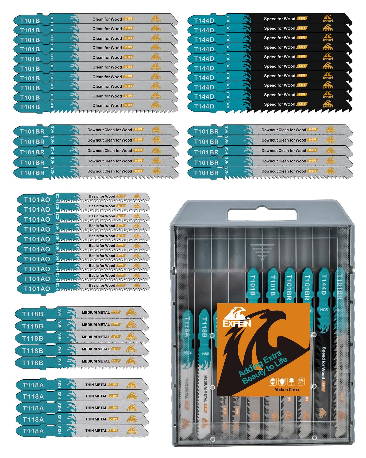 EXFEIN 50-piece Jigsaw Blades for Metal and Softwood Plywood, T-Shank Jig Saw Blades for Professional Accessory Jigsaw