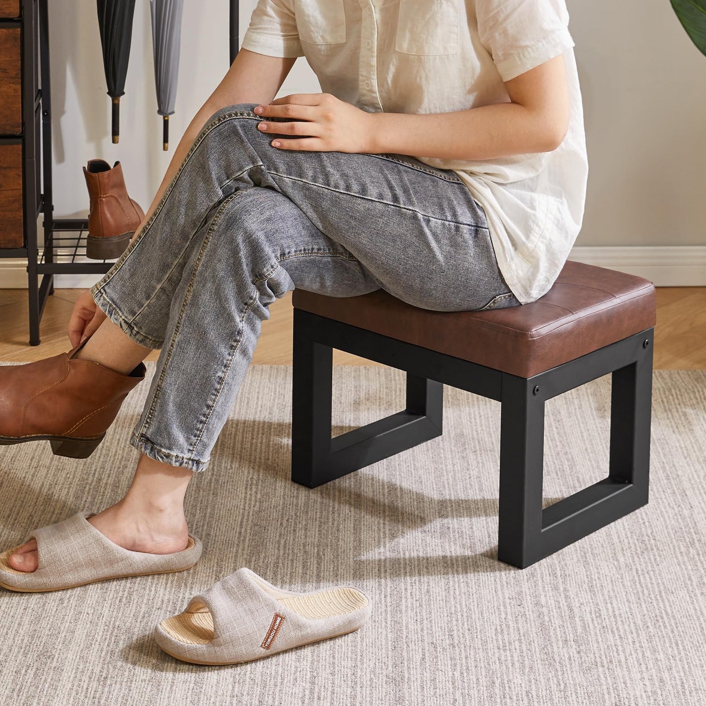 IBUYKE 16 Inch Small Foot Stool Ottoman, Rectangle PU Faux Leather Foot Rest with Padded Seat and Metal Legs