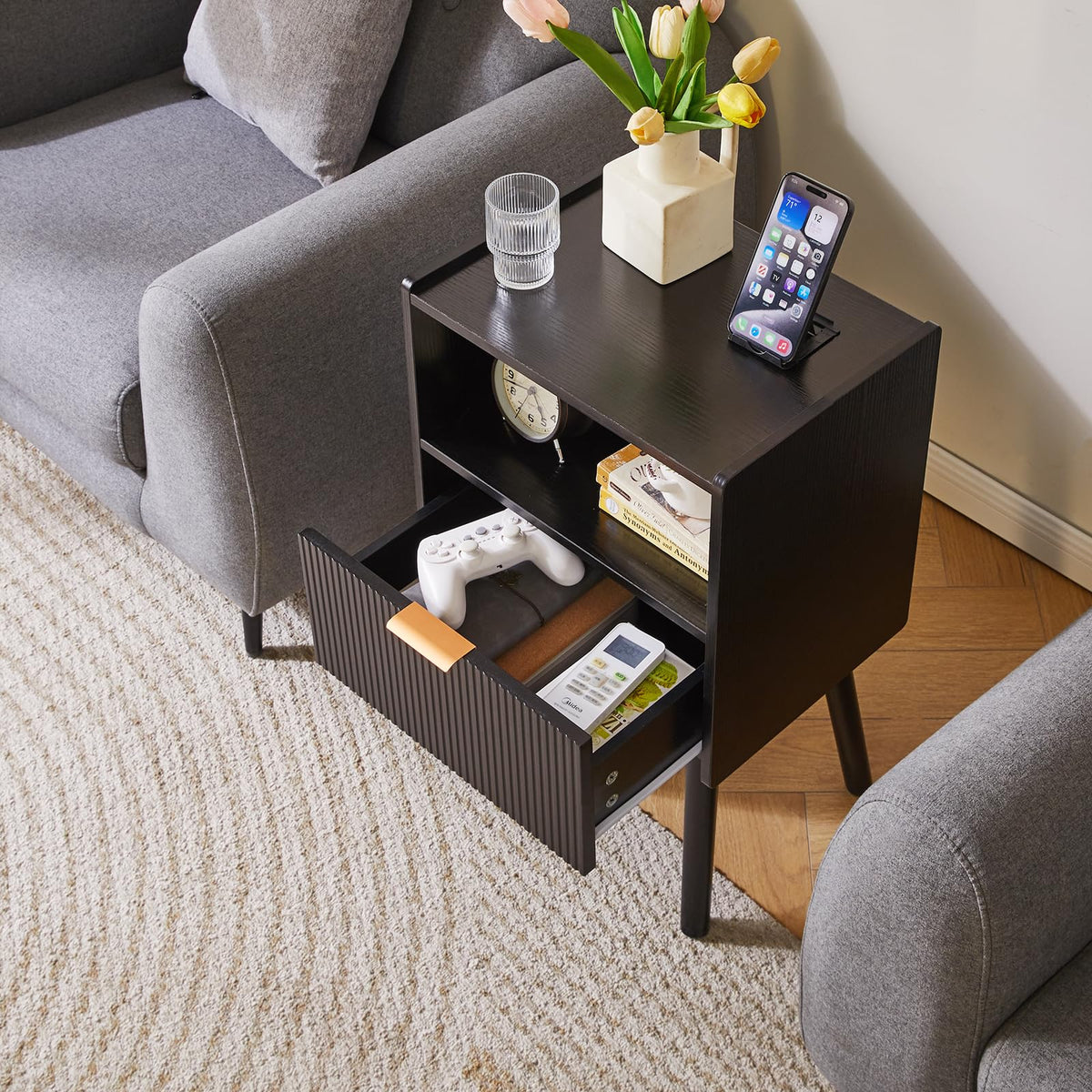 Aibiju Modern Nightstand with Drawer, Bedside Tables, Mid Century Nightstands with Open Storage Shelf, Wood Leg Bedside Table