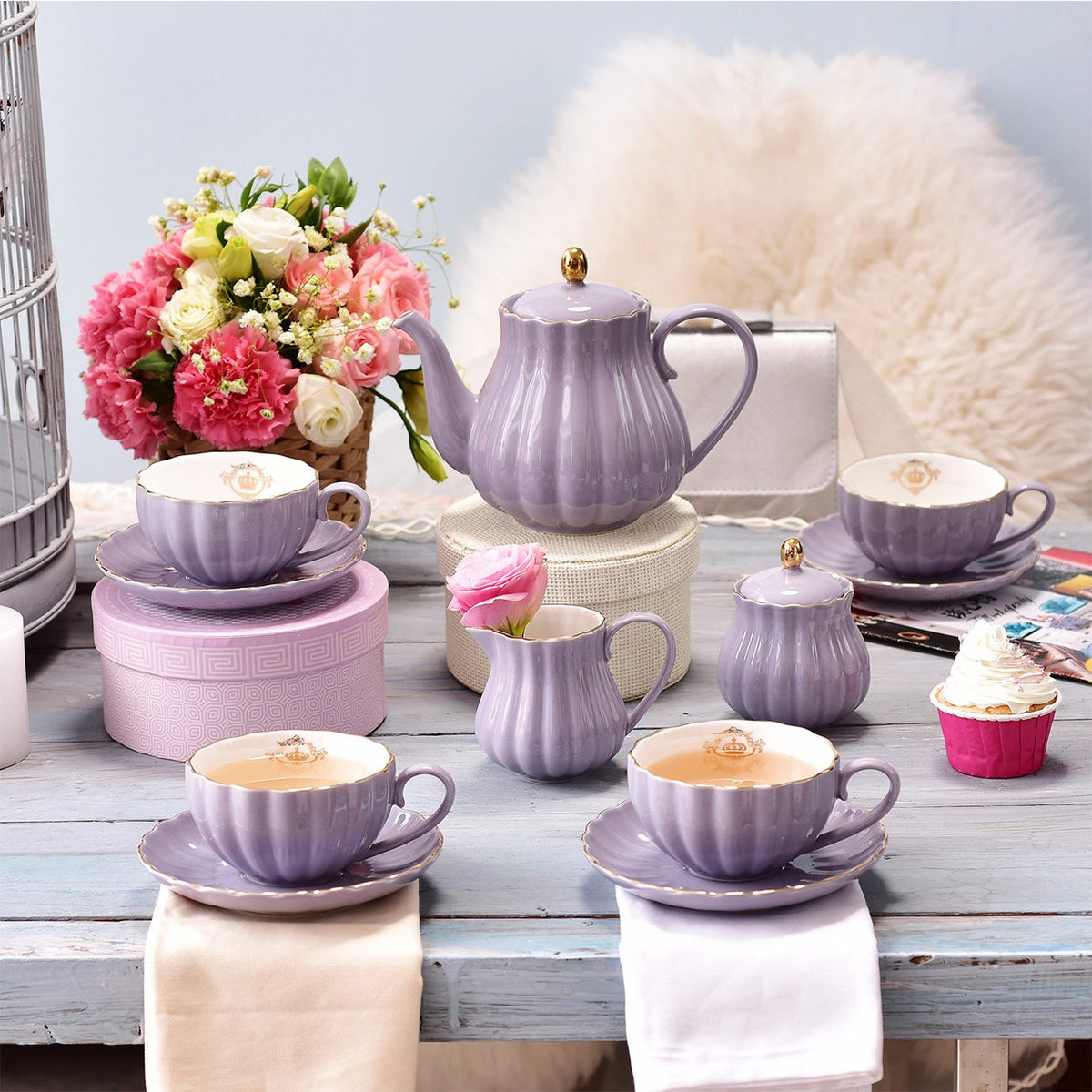 Sweejar Home Porcelain Tea Set Royal Family 225 ml Cups and Saucers for Wedding Ceramic Porcelain Tea Cup Set (Purple)
