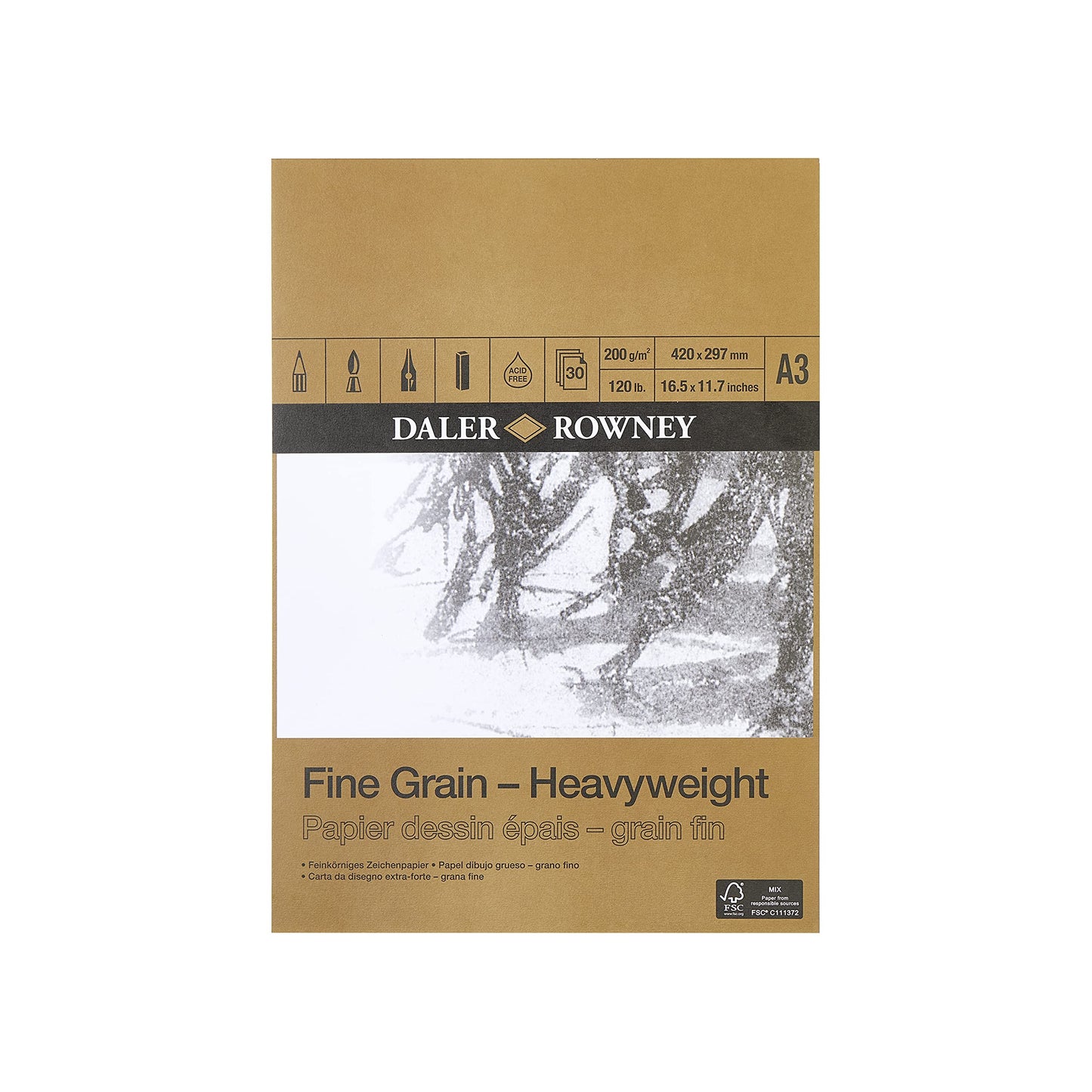 Daler-Rowney Fine Grain Lightly Textured Heavyweight 200gsm A3 Drawing Paper Pad, Glued 1 Side, Acid-free, 30 White Sheets, Ideal for Professional