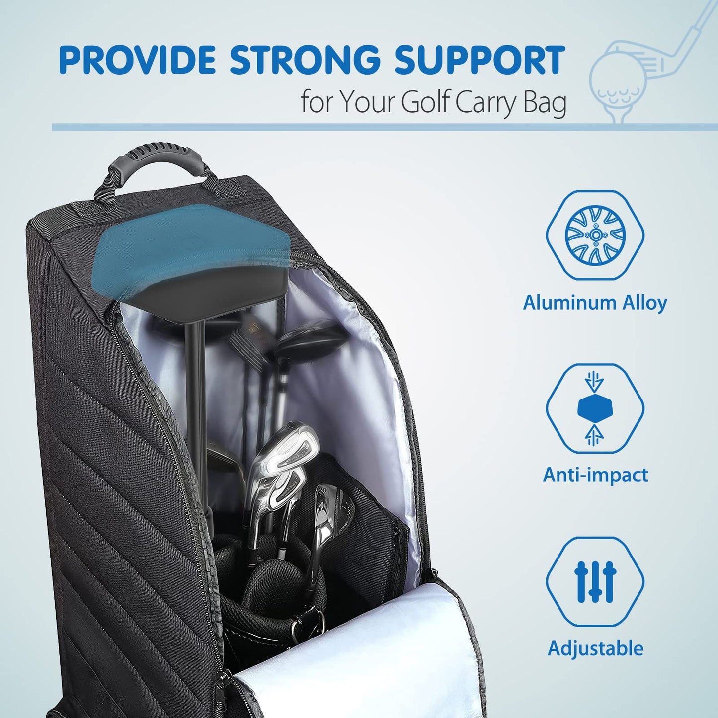 Rhino Valley Telescopic Golf Bag Holder, Aluminum Alloy Adjustable Travel Bag Holder Rod with Top Cover, Golf Stand Protective Bag Accessory, Black