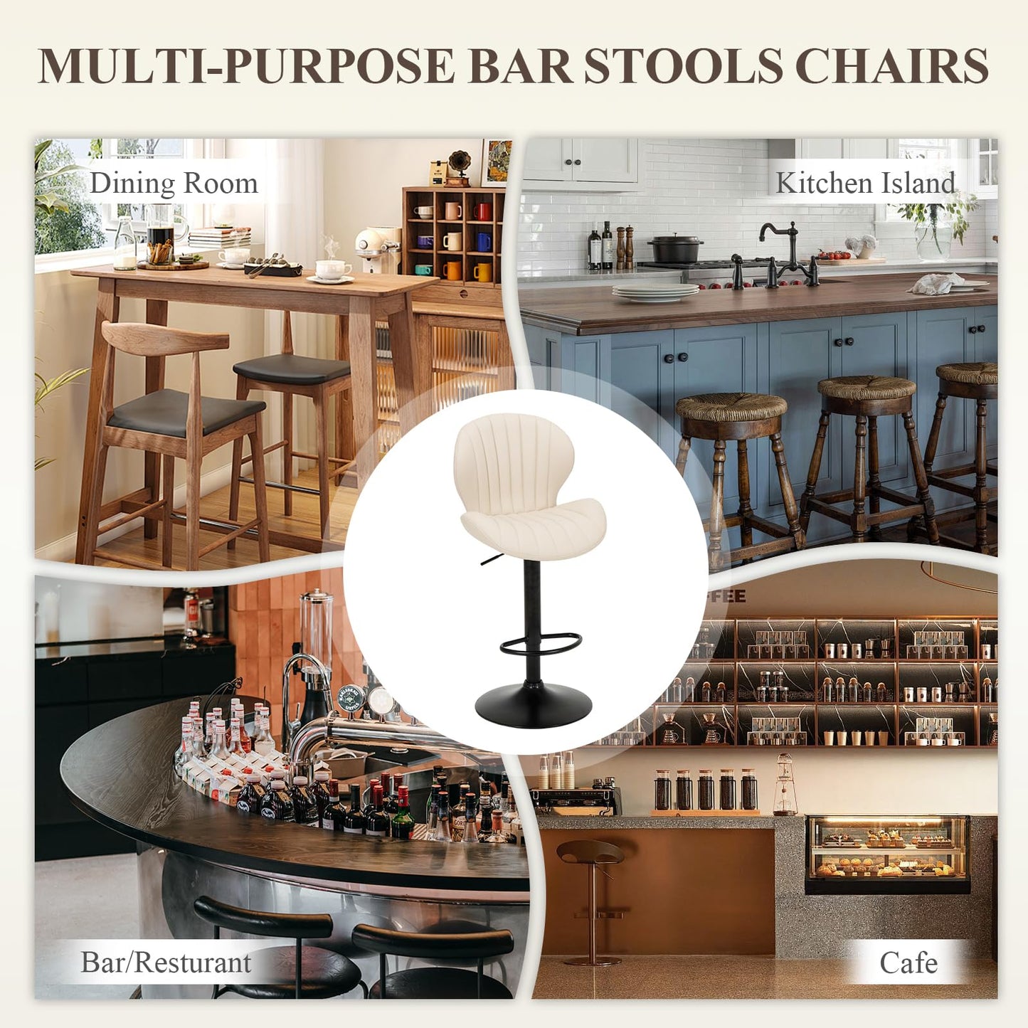 COLAMY Breakfast Bar Stools Set of 6, Modern Swivel Kitchen Bar Chairs, Adjustable PU Leather Upholstered Barstools Counter Height with High Backrest