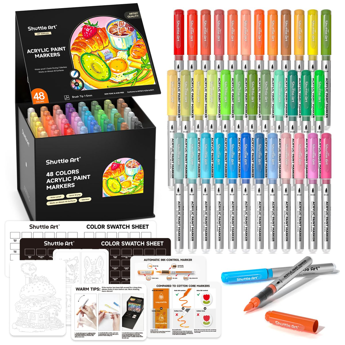 Shuttle Art Automatic Ink Control Acrylic Paint Pens, 48 Colours Brush Tip Paint Marker Pens, Paint Pen for Rock Painting Ceramic, Wood, Fabric,