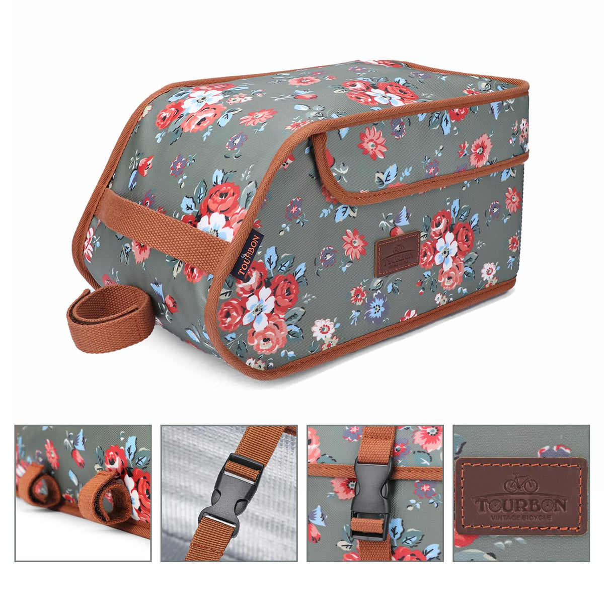 Tourbn Waterproof Canvas Bicycle Pannier Bike Rear Rack Insulated Trunk Cooler Bag Takeaway Food Delivery Case Flower Green