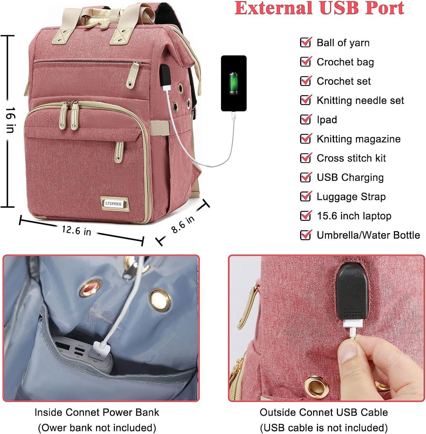 Knitting Bag Backpack,Yarn Storage Organizer Travel Crochet Bag with USB Charging Port,Large Capacity Yarn Storage Tote Bag Yarn Holder Case for