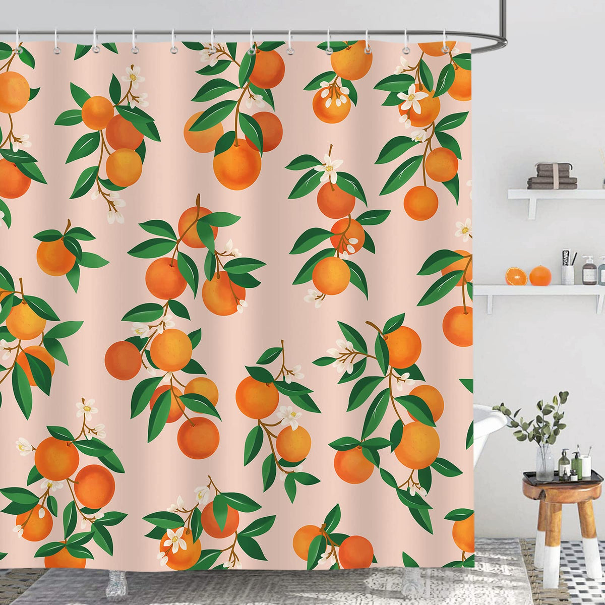 Bonhause Orange Shower Curtain 180 x 200 cm Fruit Citrus Green Leaves Bathroom Curtain Waterproof Mildew & Mould Resistant Polyester Fabric Bath