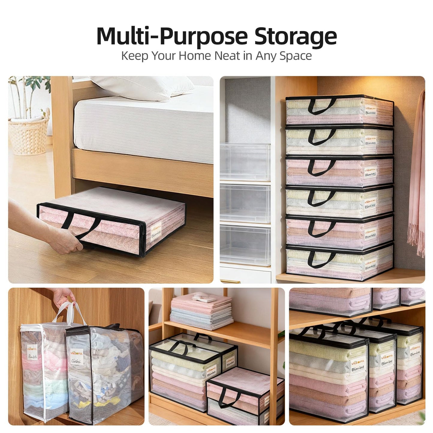 Vieshful 6 Pack Clear Storage Bags with Label, 22L Foldable PVC Mesh, Black