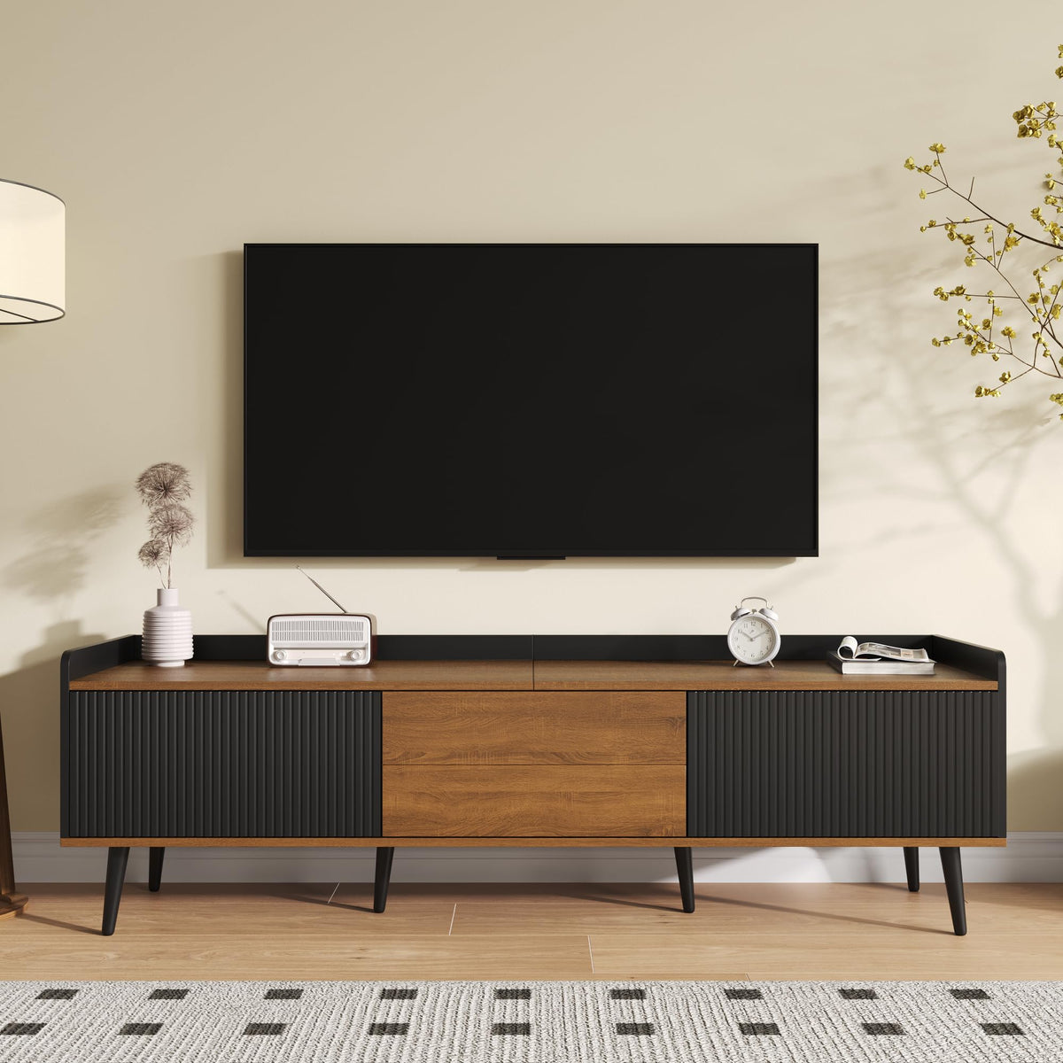 Ball & Cast TV Cabinet TV Stand Compact Media Unit with Raised Edge, Striped Doors & Solid Wood Legs 160 × 39 × 49.5 cm - Black & Natural Wood