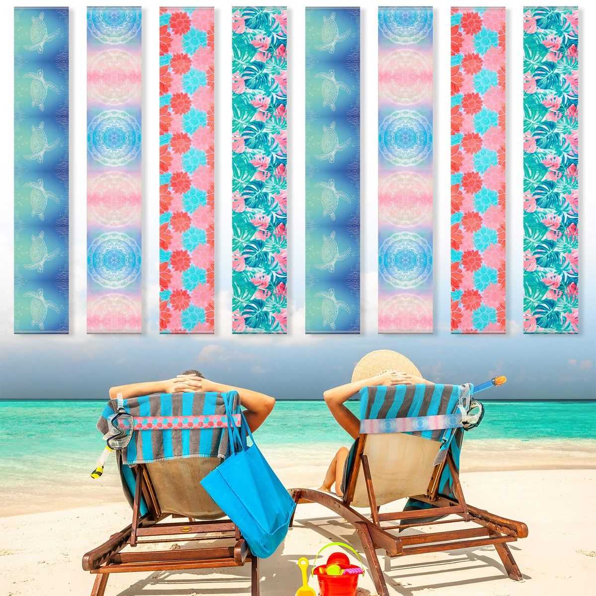 8 Pack Sea Turtle Style Towel Clips for Chairs - Windproof Elastic Strap Holder - 11.81 x 1.97 Inch for Cruise, Lounge, Pool & Summer Accessories