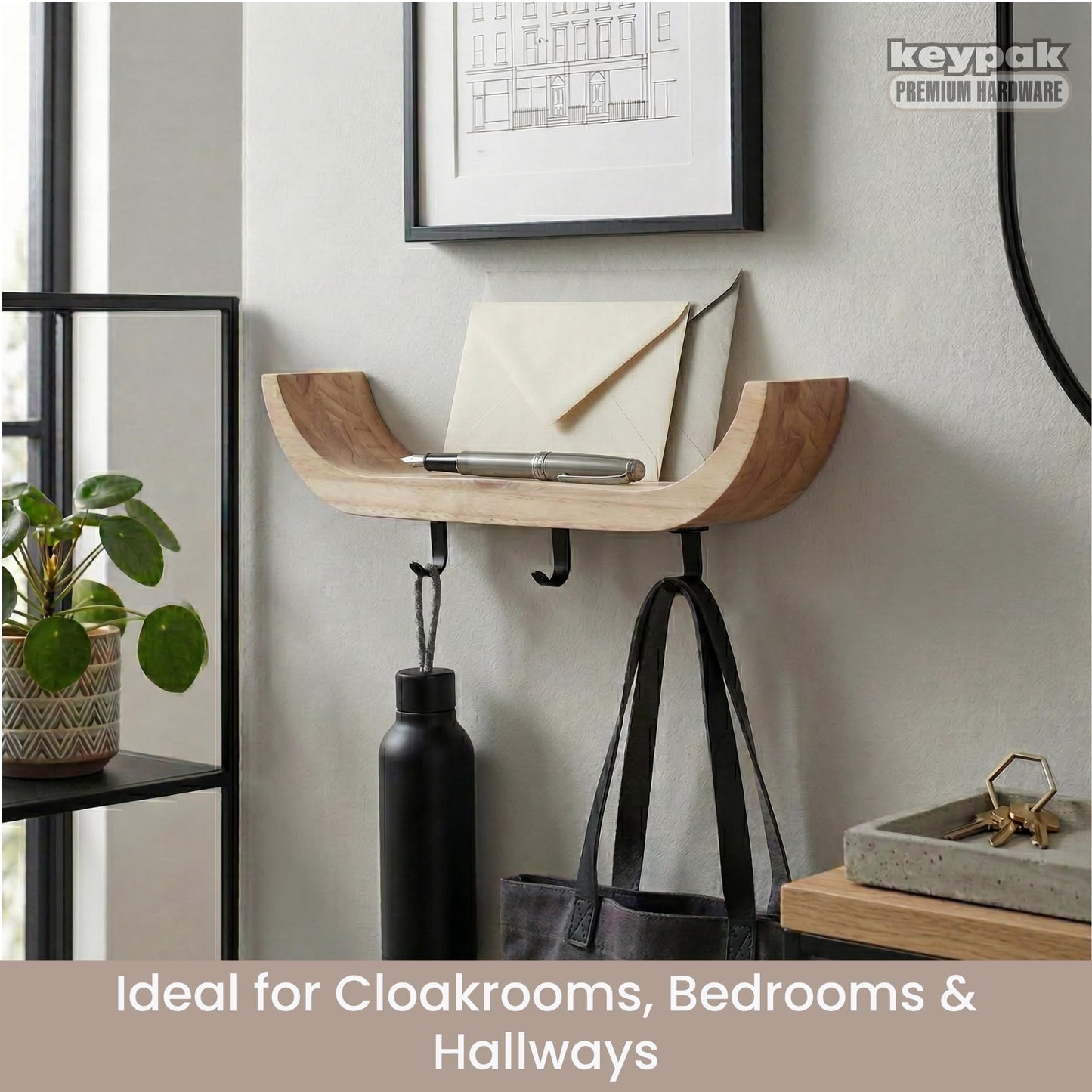 keypak Scandi Wooden Curved Key Holder, Shelf with 3 Hooks