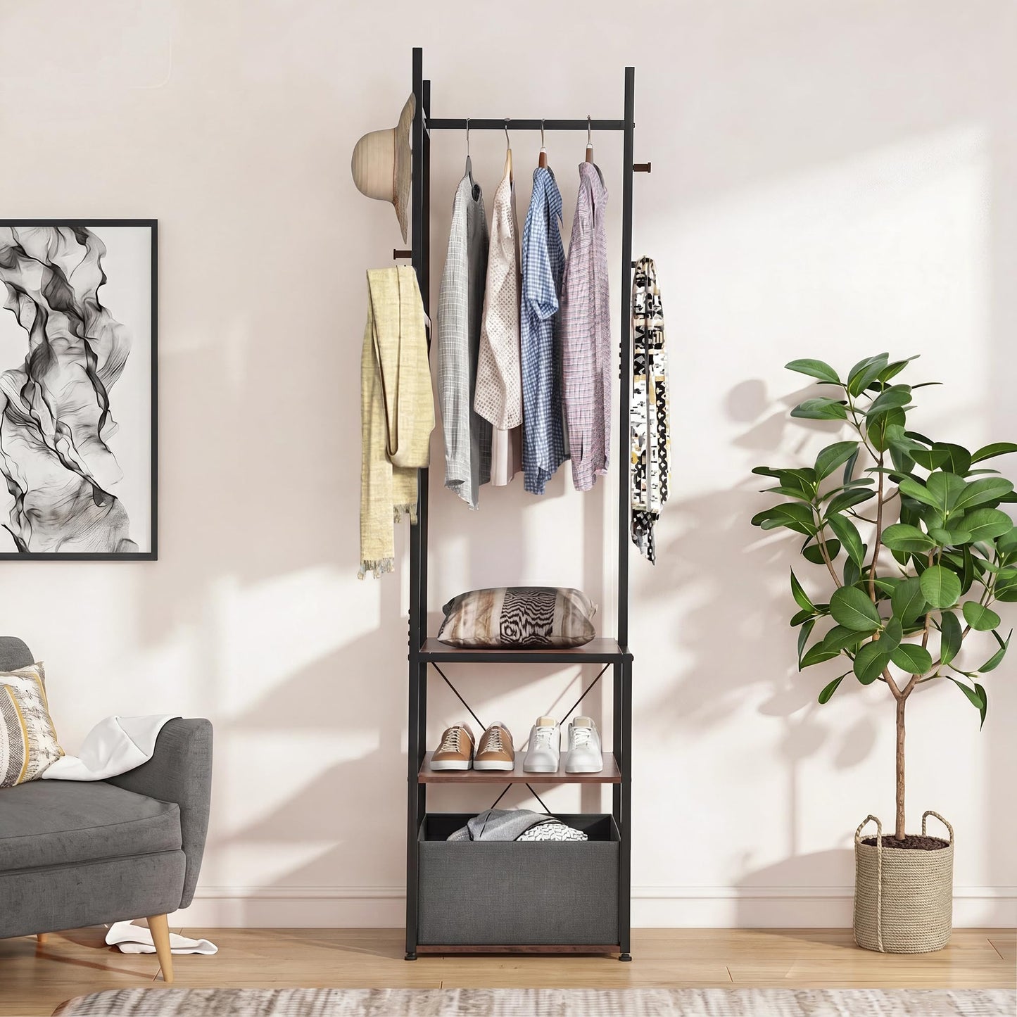 YITAHOME Coat Stand, Clothes Rack Hall Tree with Shelves & Hooks, Brown