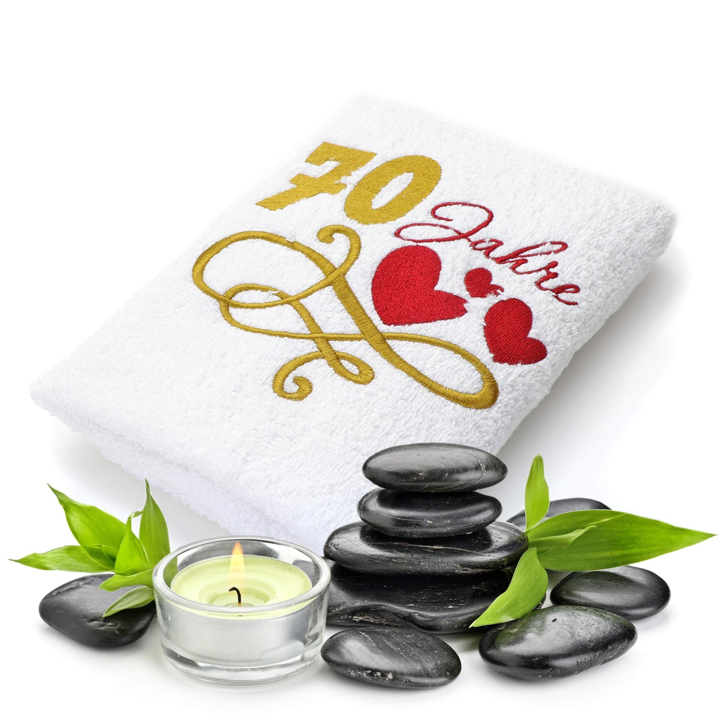 Gift Towel for 70th Birthday with Embroidered Hearts and 70 Years for Women and Ladies - 70th Anniversary Gift Idea