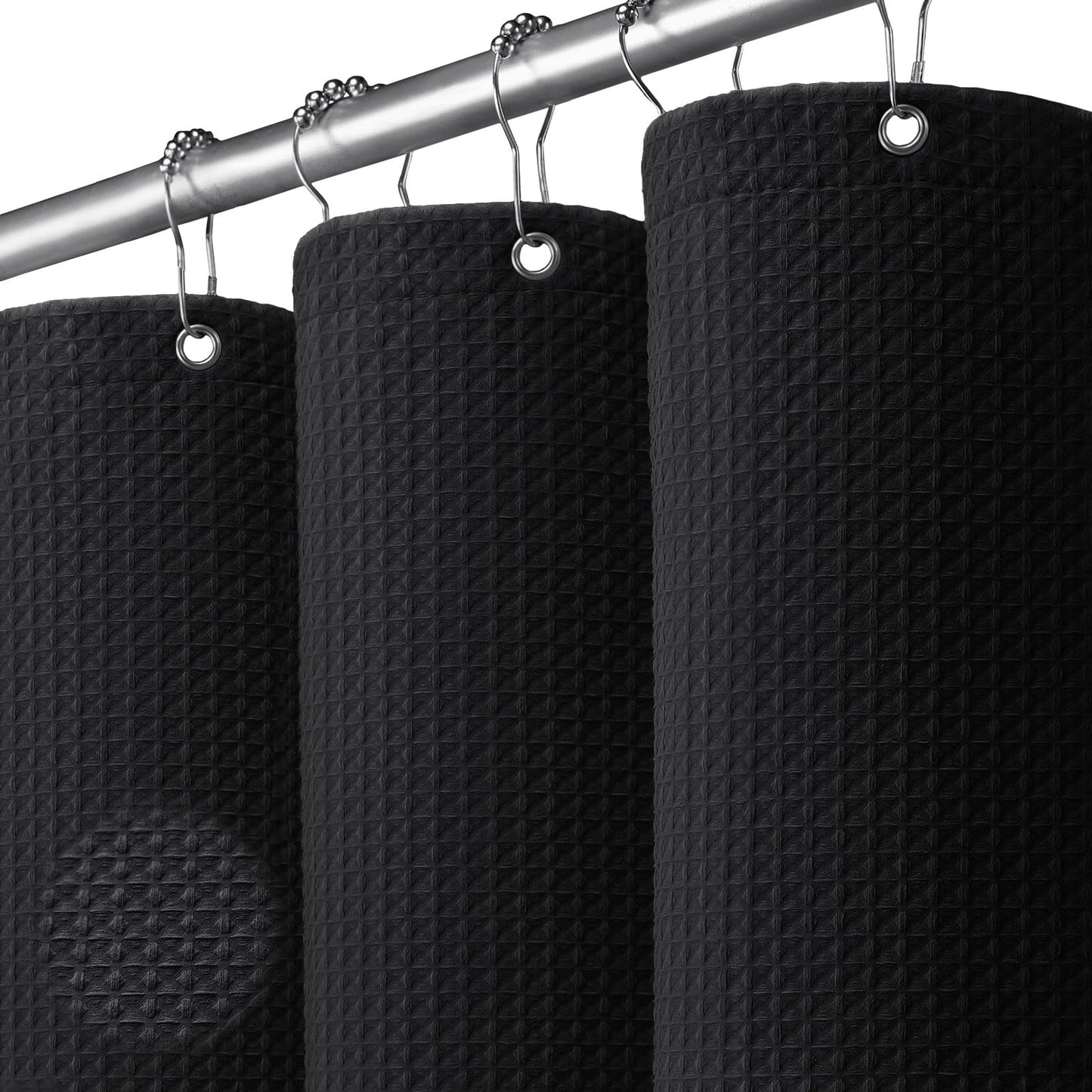 NDDYCU Long Black Waffle Shower Curtain, Weighted Waterproof Shower Curtain for Bathroom 183x198cm