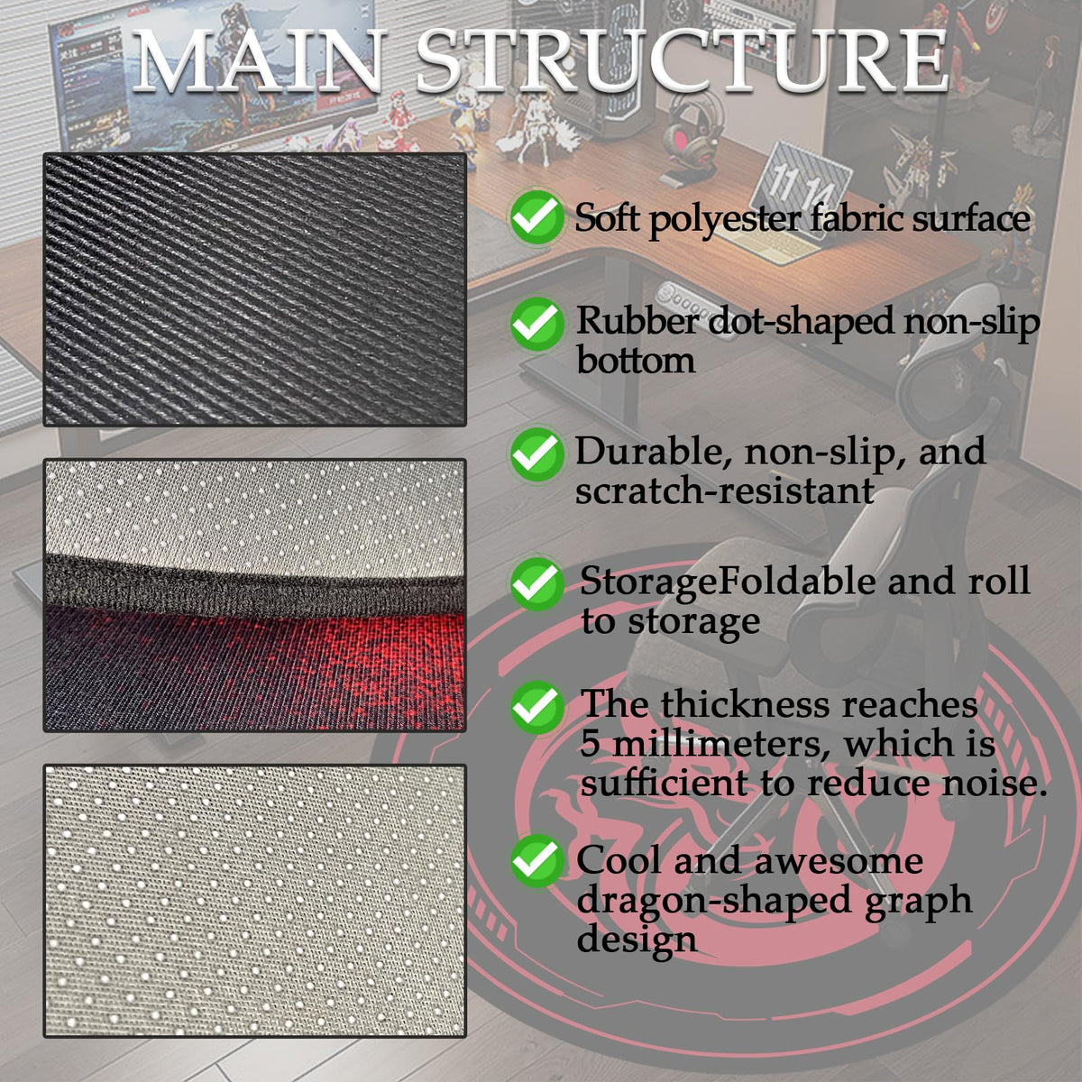 Raoot Office Chair Mat for Carpeted and Hardwood Floor Gaming Chair Mat 120 cm Round Floor Mats for Gaming Room Home Office
