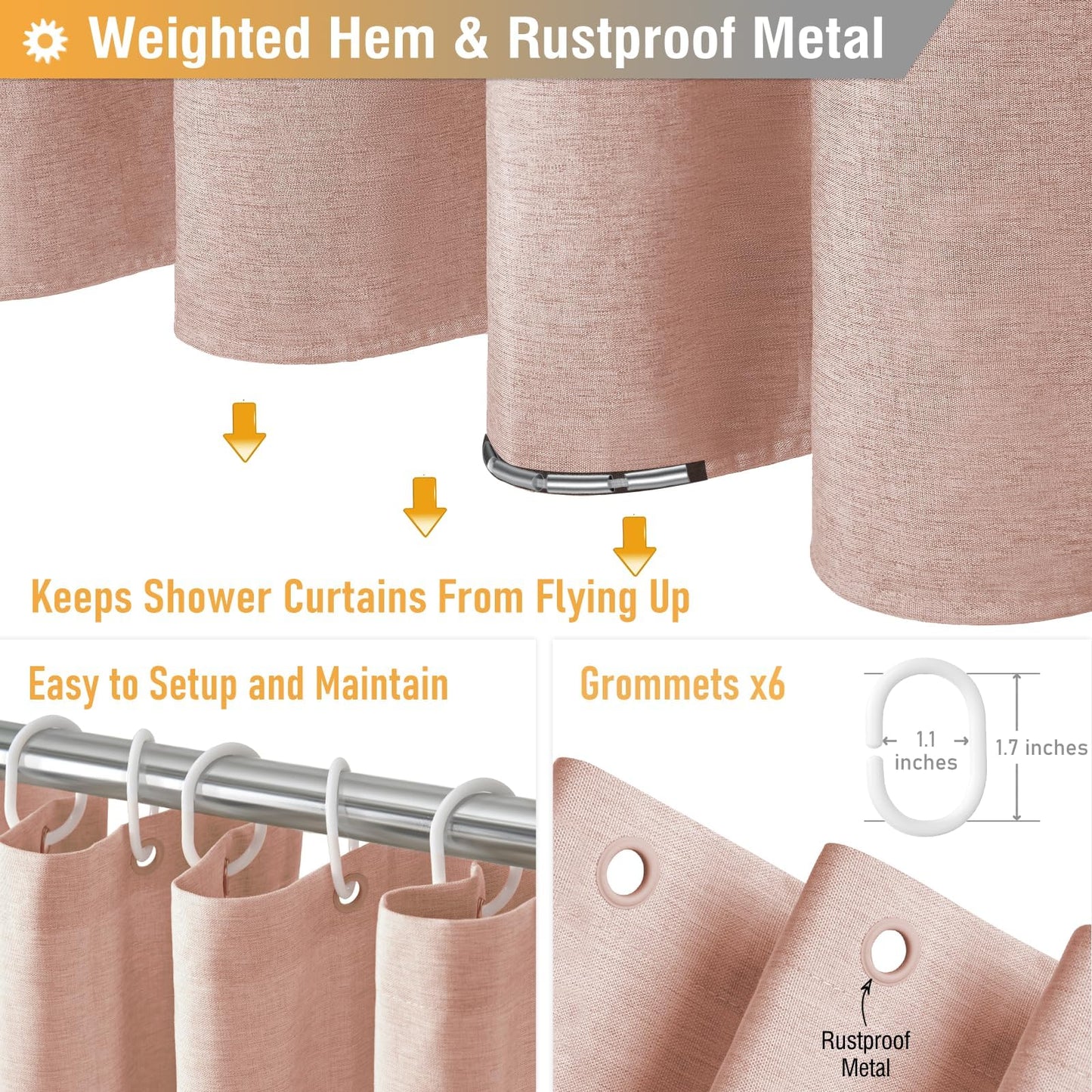 BTTN Narrow Linen Look Weighted Shower Curtain, Waterproof, 92x182cm, Blush