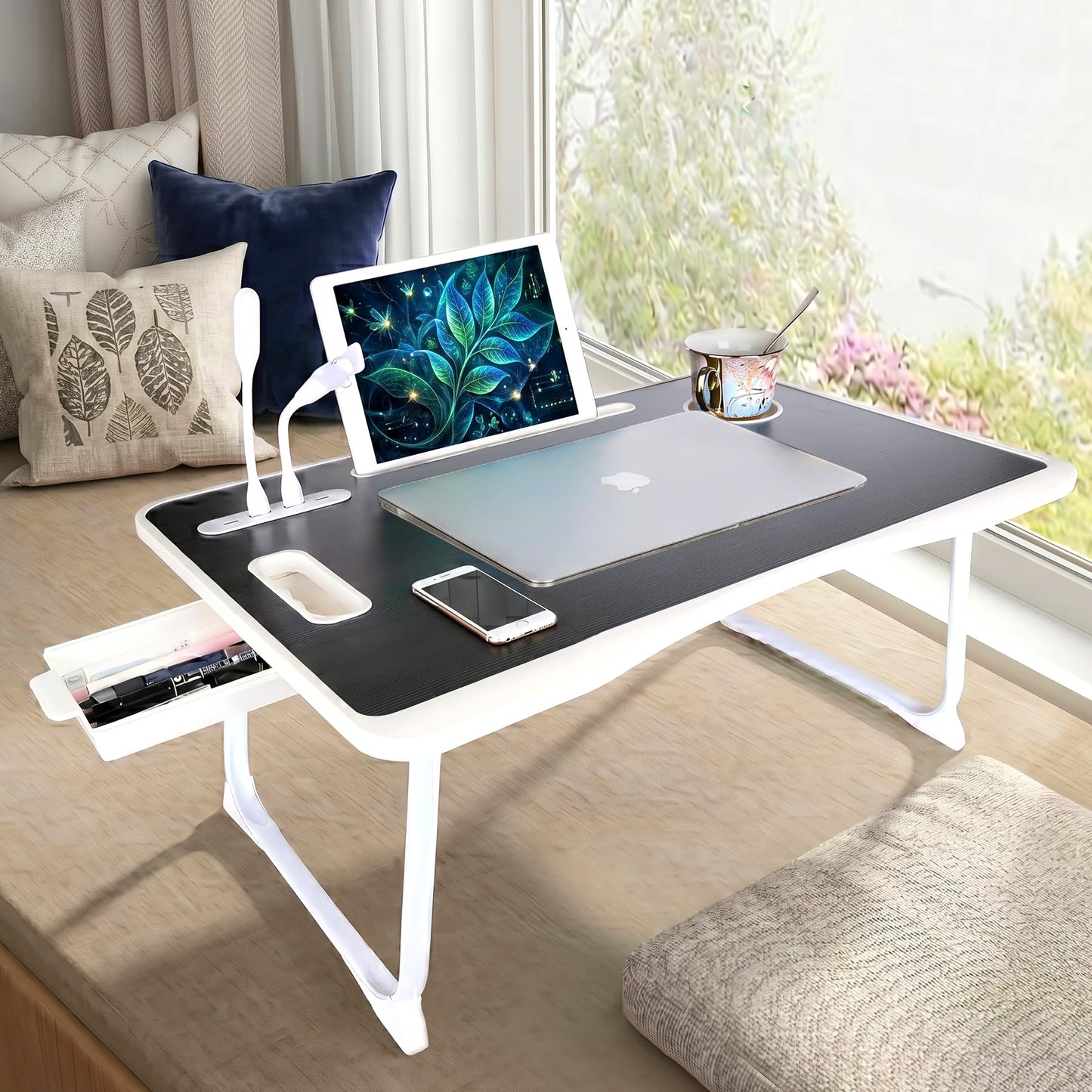 BIFZOIN Bed Table Laptop Desk,Foldable Portable Laptop Bed Table with USB Ports,Side Drawer,Desktop Card and Handle,Portable Tray for