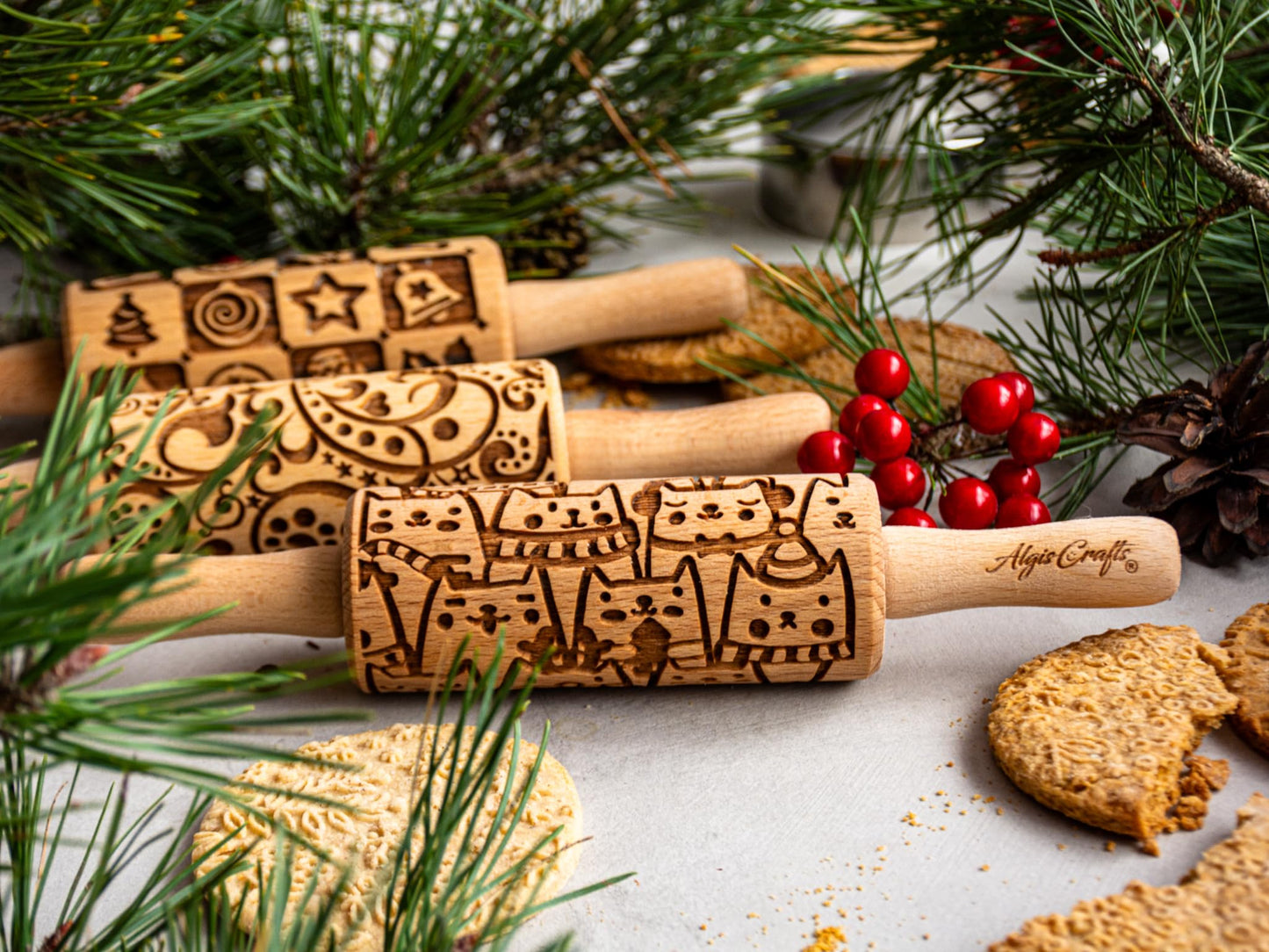 CHRISTMAS FEST 3 Mini Embossed Rolling Pin Set. Wooden Laser Engraved Textured rolling pins for Cookies, Modeline, Ceramic with Skulls, Bats,