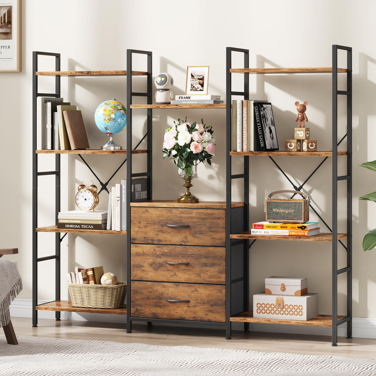 OYRREU 4-Tier Bookcase with Drawers, 150cm Wide Rustic Brown Shelving Unit