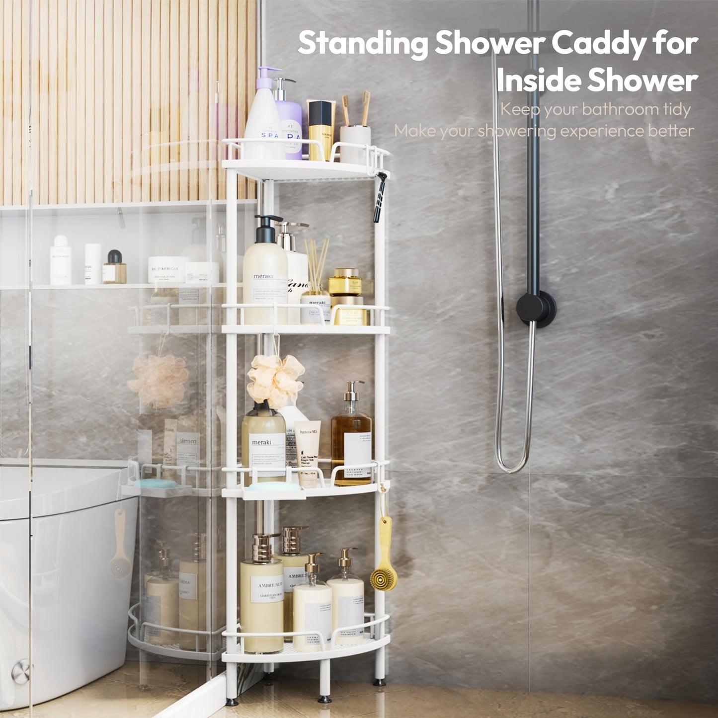SWTYMIKI Corner Shower Caddy - 4 tier Bathroom Shelf Shower Organizer Corner with 4 Hooks, Rust Free Standing Bathroom Accessories with Soap Holder