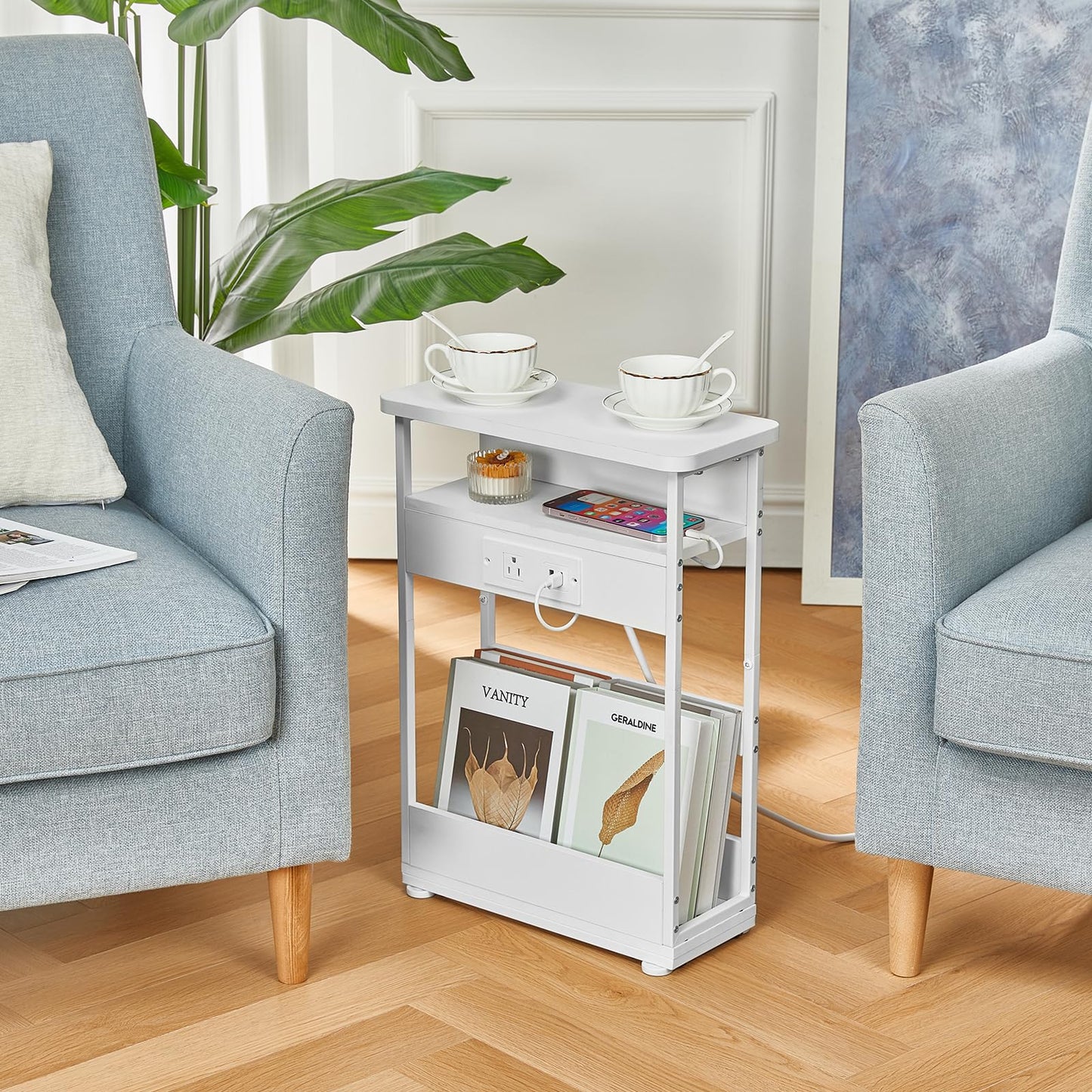 YEAKOO Narrow Side Table With Charging Station, 3 Tier End Table with 2 USB Ports & Power Outlets,Slim Sofa Side Table for Narrow and Small Spaces