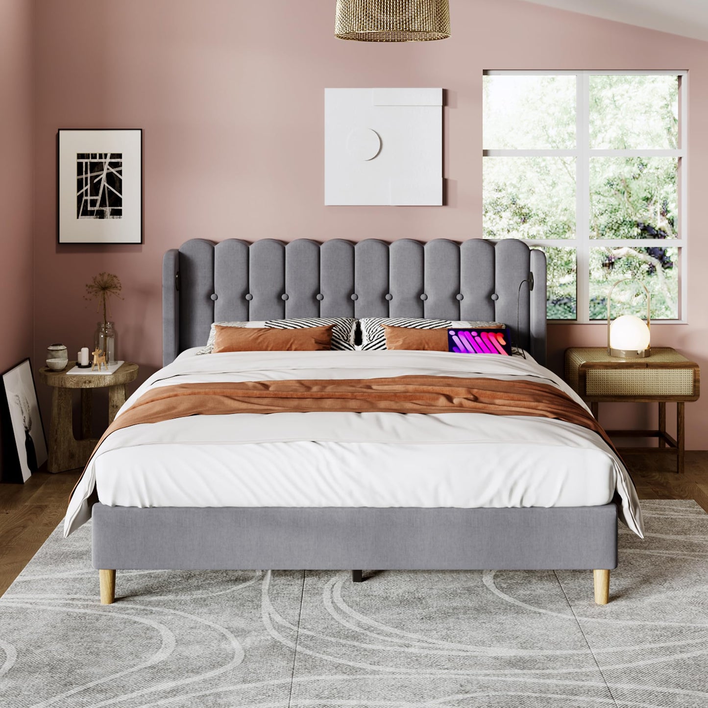 BTM Upholstered Double Bed with USB and Type-C Charging, 4ft6-135x190cm Double Bed Frame with Wooden Slatted Frame for Teenagers and Adults